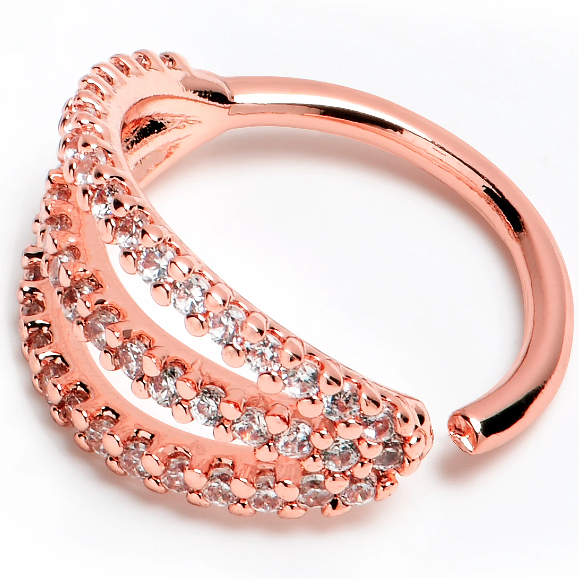 18G 3/8 Clear CZ Gem Rose Gold Tone Faux Triple Hoop Closure Ring - Image 2