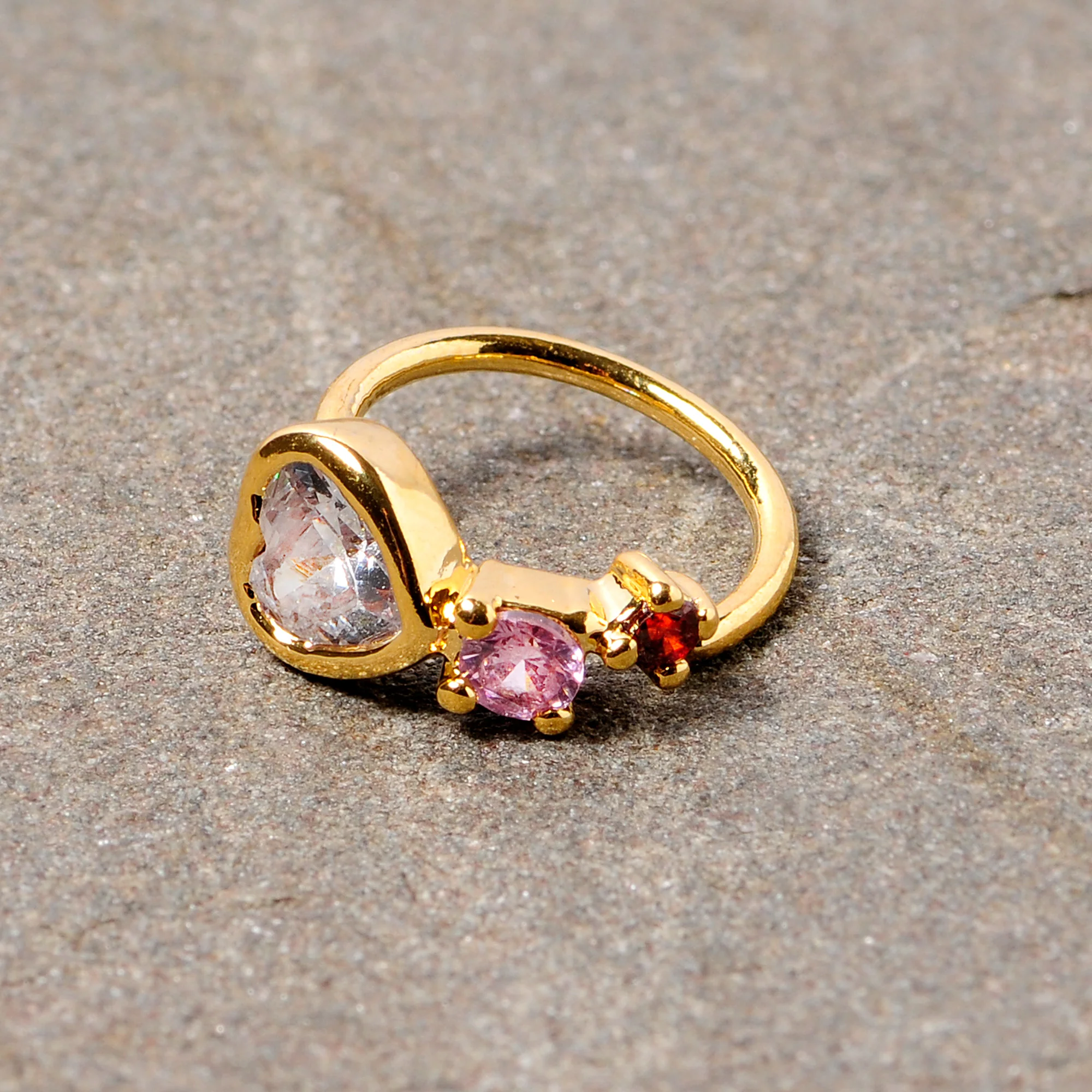 18G 3/8 Clear Pink Red CZ Gem Gold Tone Heart Nose Hoop - Image 2
