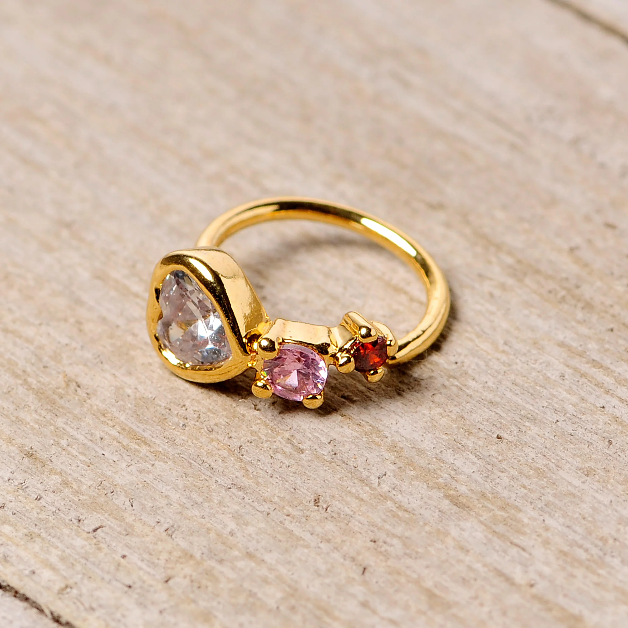 18G 3/8 Clear Pink Red CZ Gem Gold Tone Heart Nose Hoop - Image 4