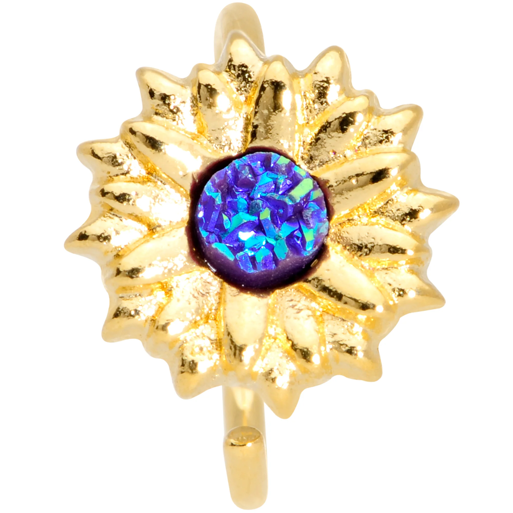 18G 3/8 Gold Tone Blue Center Sunflower Nose Hoop - Image 2