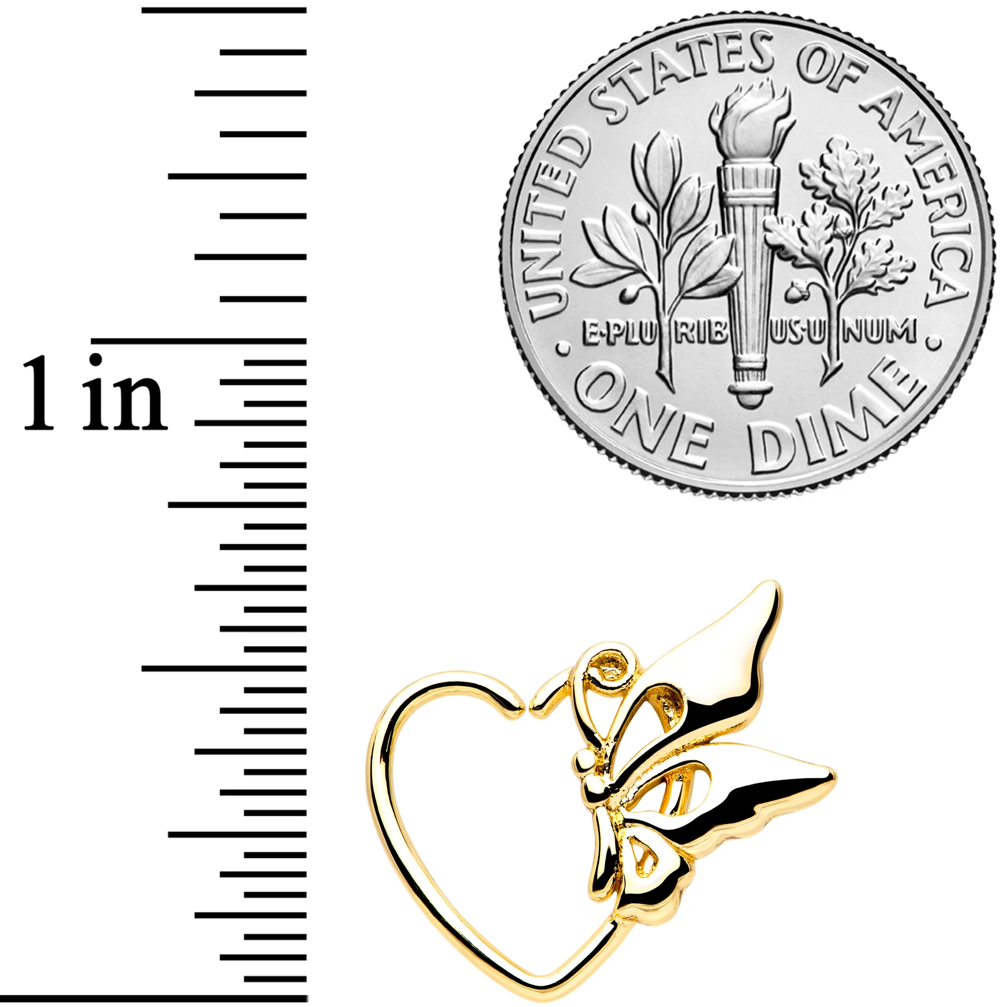 18G 3/8 Gold Tone Butterfly Heart Left Ear Closure Ring - Image 2