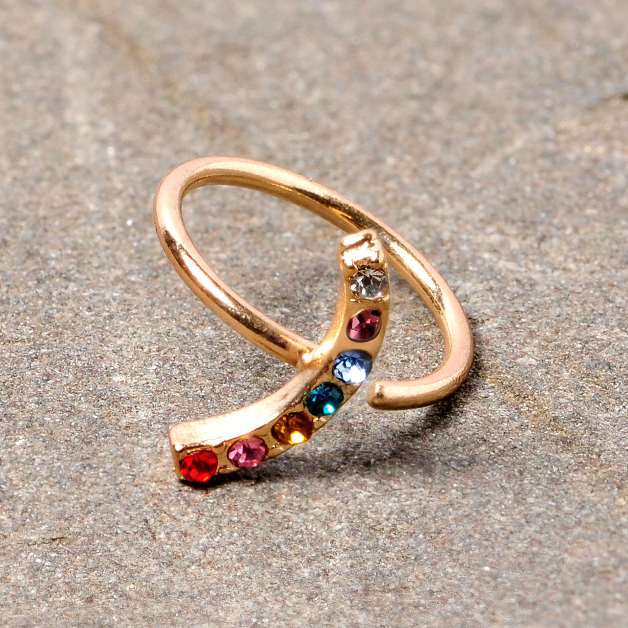 18G 3/8 Red Blue CZ Gem Gold Tone Rainbow Arc Nose Hoop - Image 2
