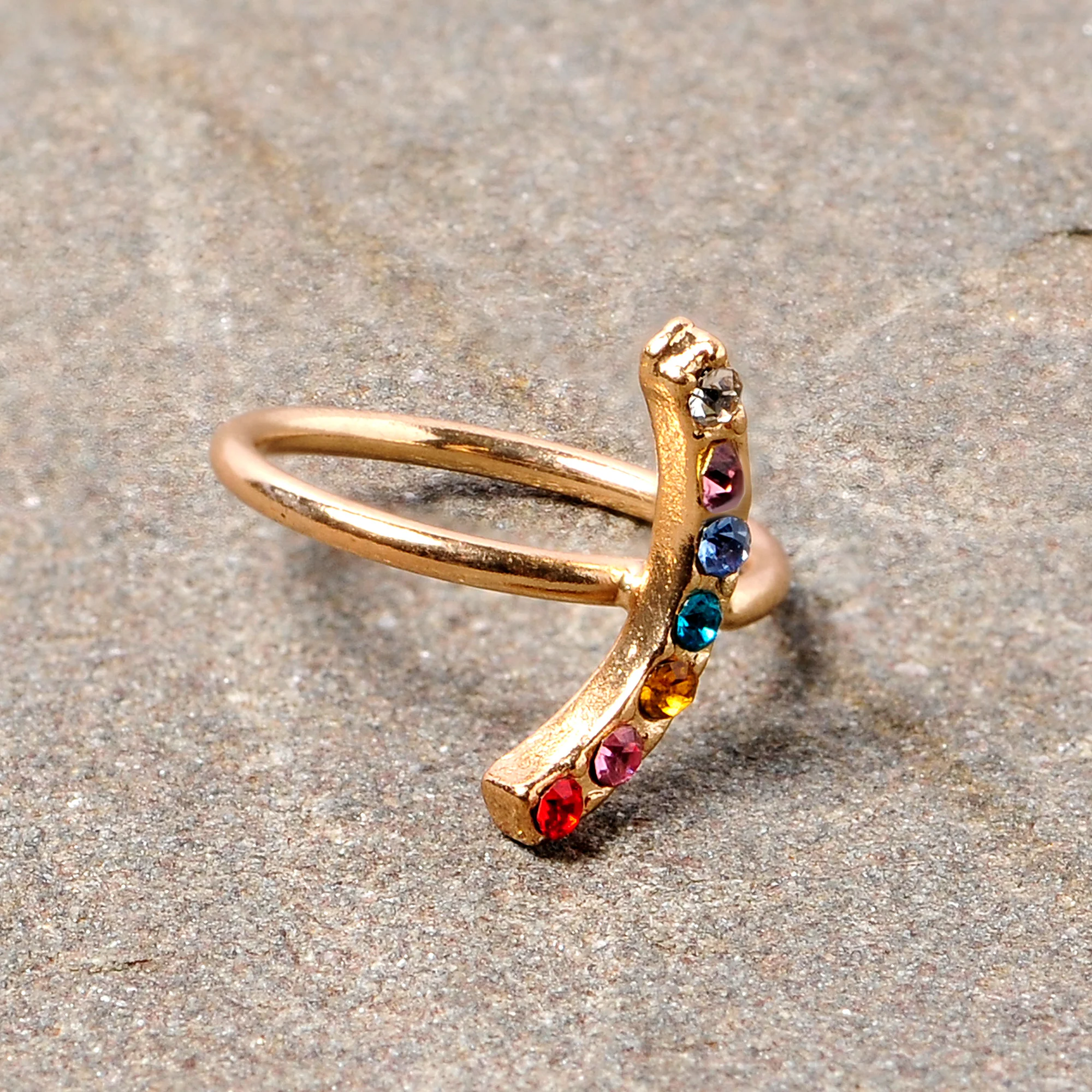18G 3/8 Red Blue CZ Gem Gold Tone Rainbow Arc Nose Hoop - Image 3