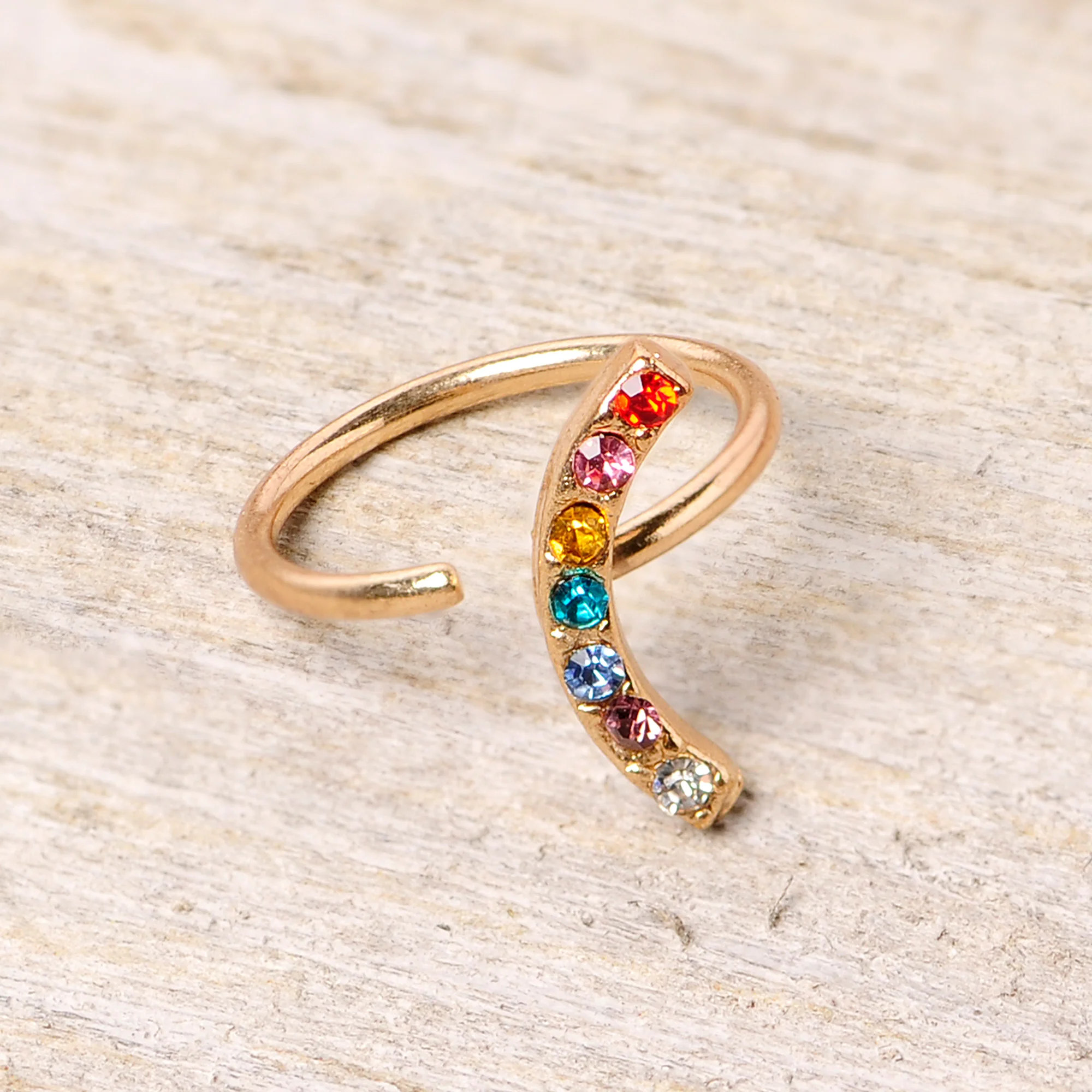 18G 3/8 Red Blue CZ Gem Gold Tone Rainbow Arc Nose Hoop - Image 4