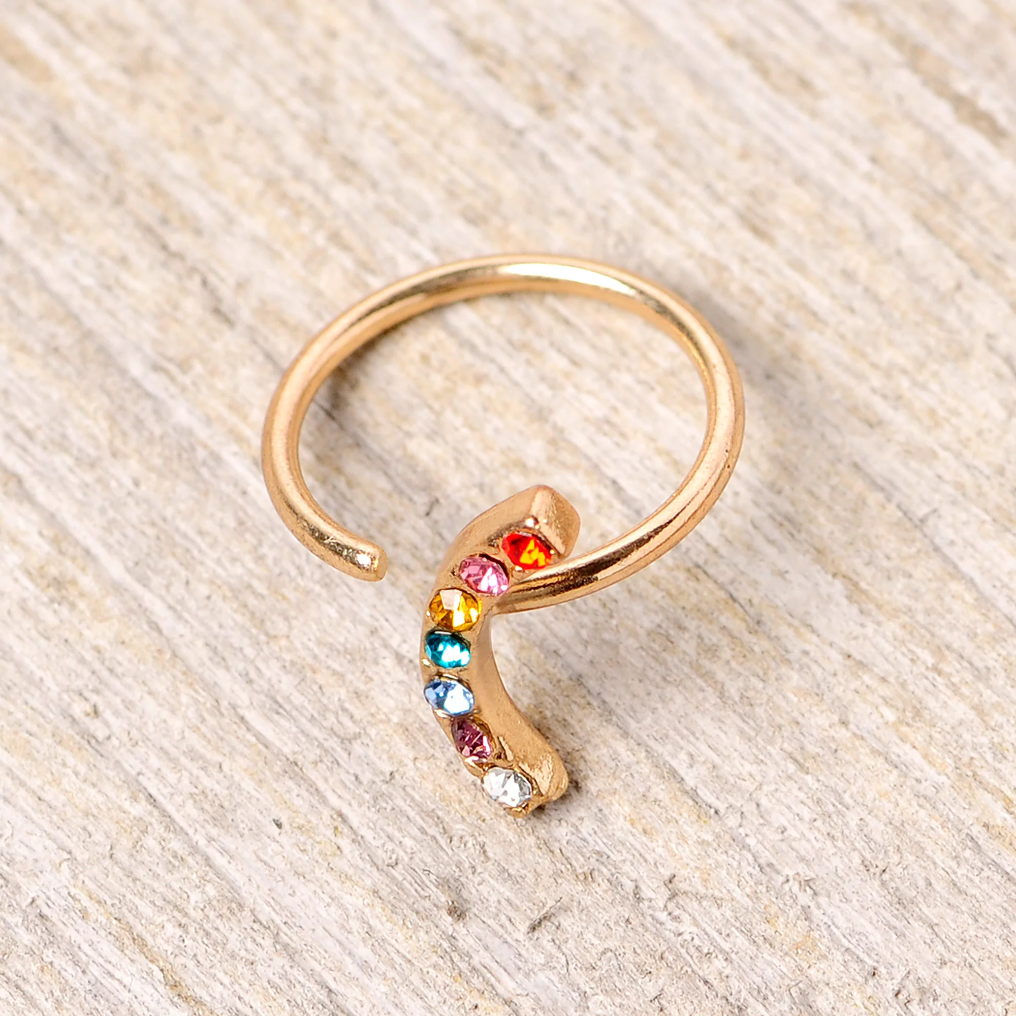 18G 3/8 Red Blue CZ Gem Gold Tone Rainbow Arc Nose Hoop - Image 5