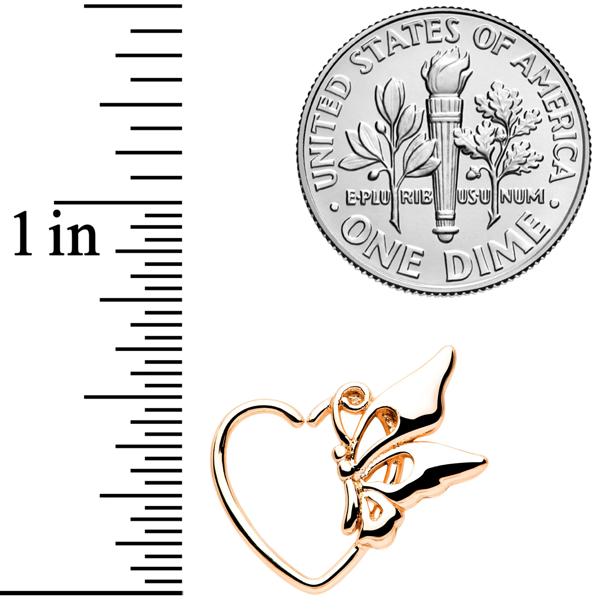 18G 3/8 Rose Gold Tone Butterfly Heart Left Ear Closure Ring - Image 2