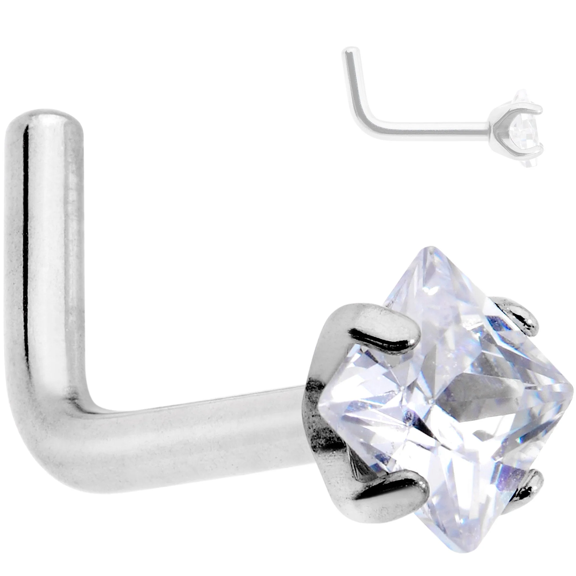 18G Clear 3mm CZ Gem Grade 23 Titanium Rhombus L Shaped Nose Ring - Image 4