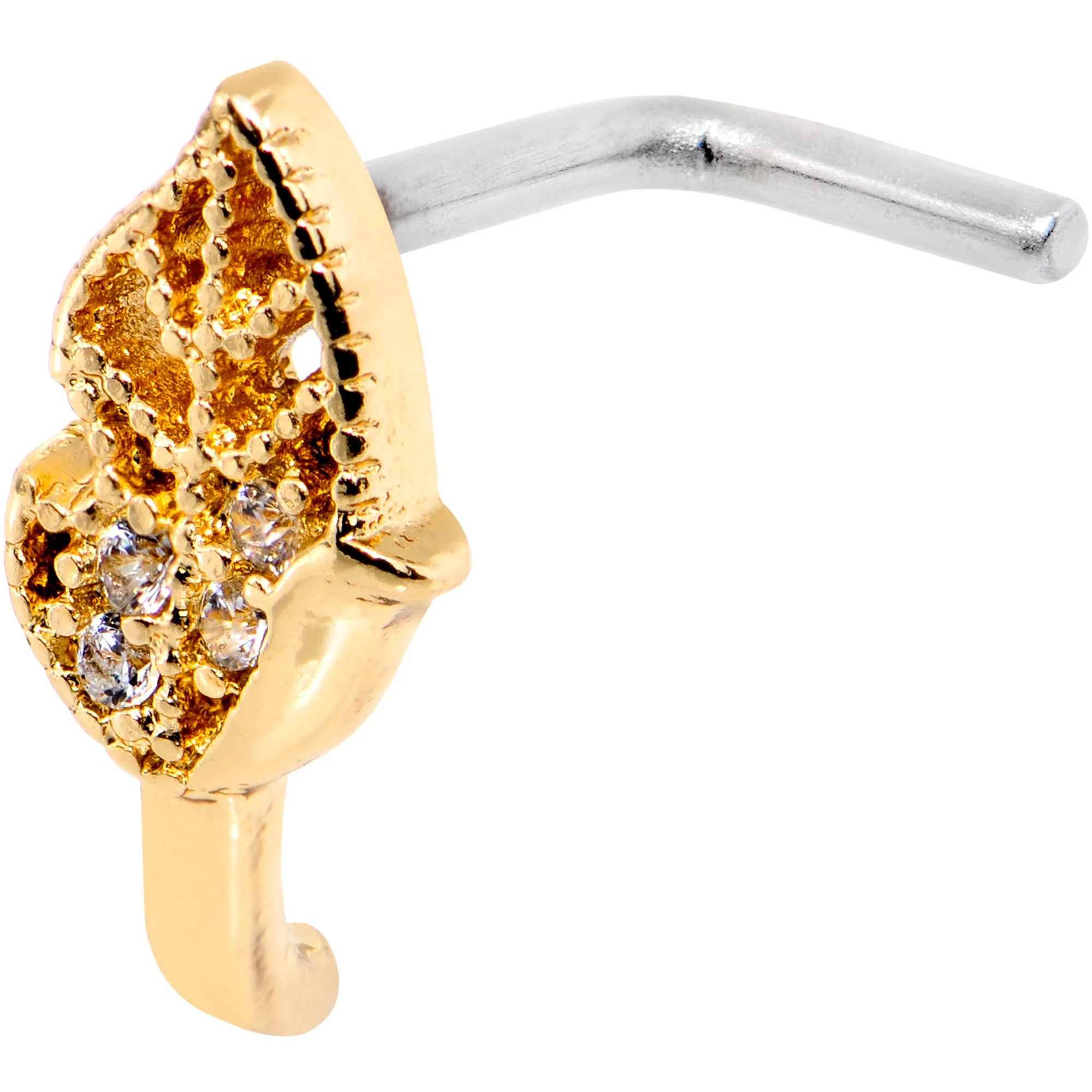 18G Clear CZ Gold Tone Leaf Faux Hoop L Shaped Nose Ring