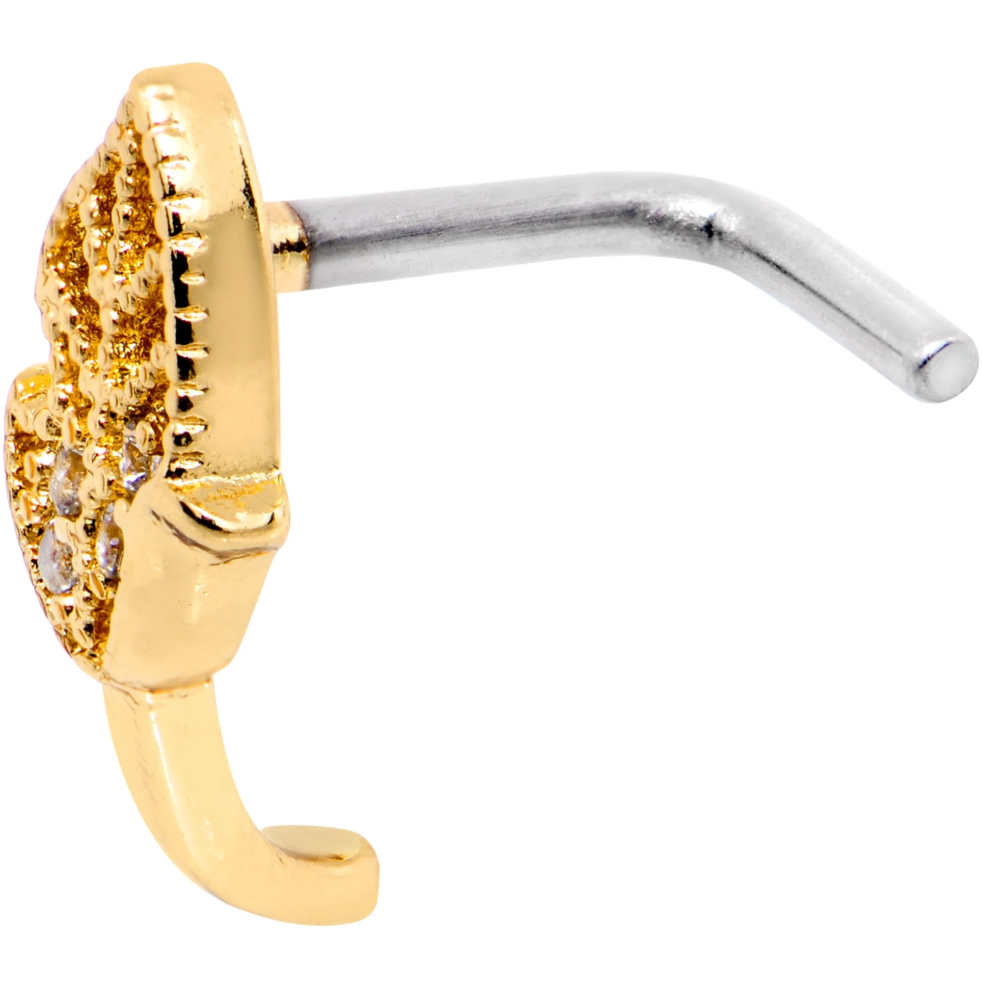 18G Clear CZ Gold Tone Leaf Faux Hoop L Shaped Nose Ring - Image 3