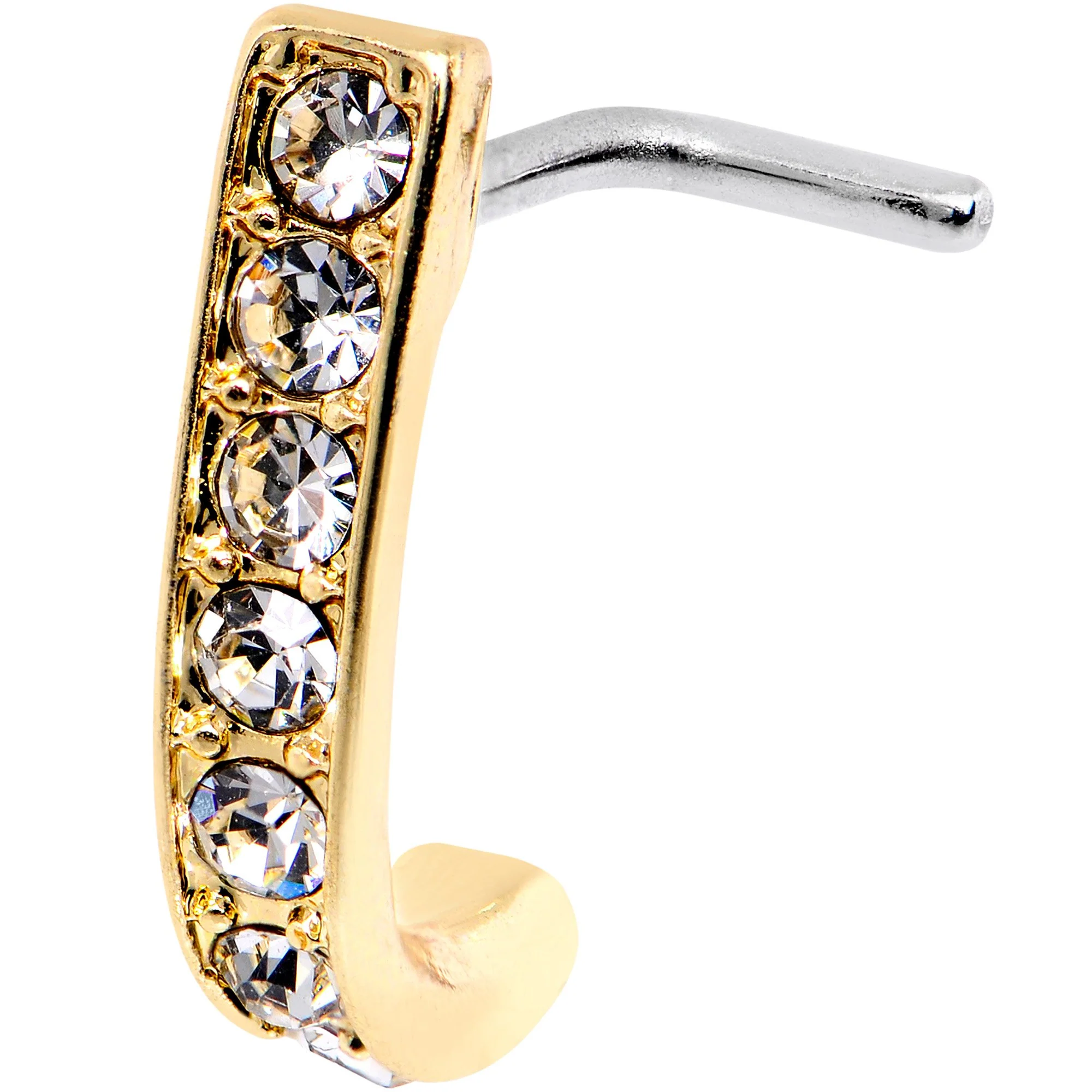 18G Clear CZ Gold Tone Sleek Faux Hoop L Shaped Nose Ring - Image 2