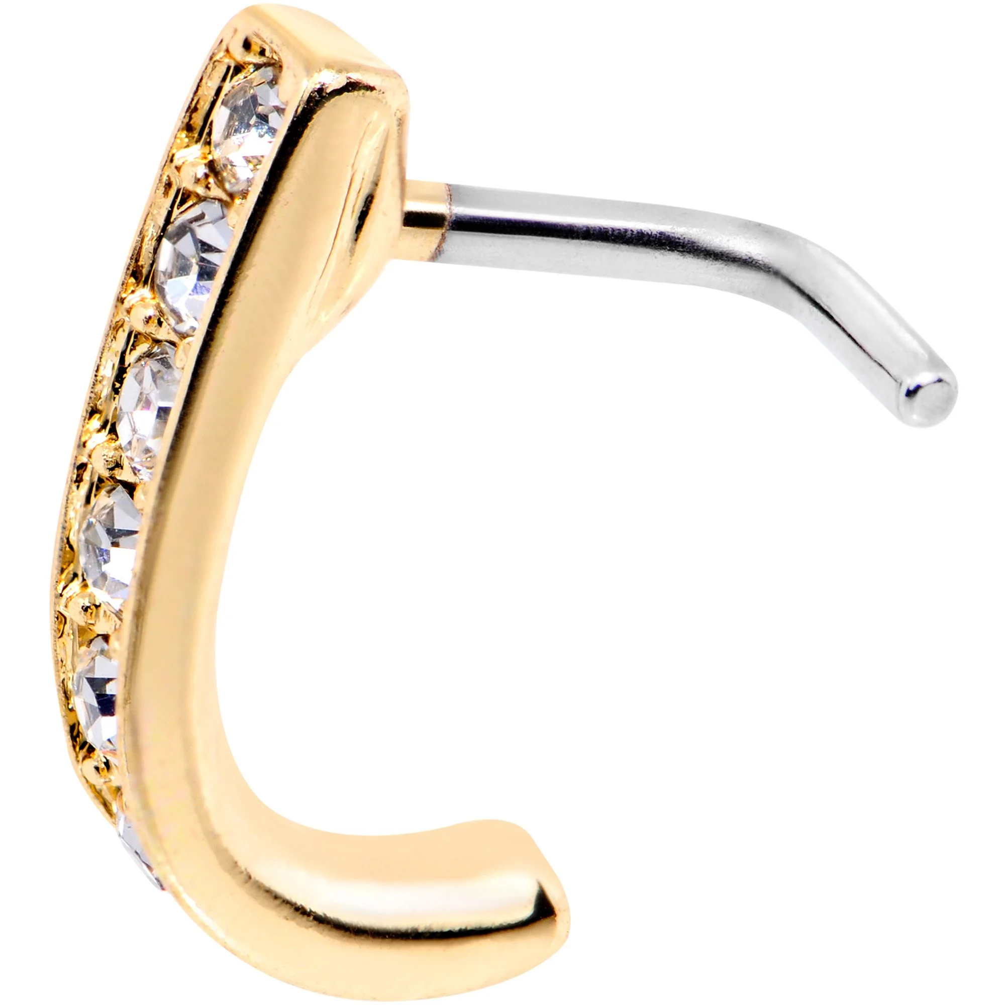 18G Clear CZ Gold Tone Sleek Faux Hoop L Shaped Nose Ring - Image 3