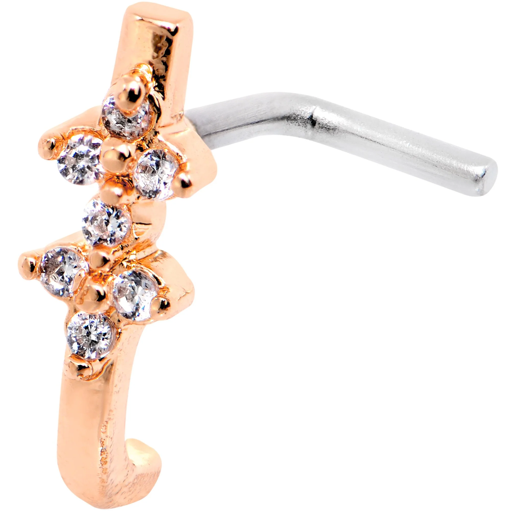 18G Clear CZ Rose Gold Tone Bling Faux Hoop L Shaped Nose Ring - Image 2