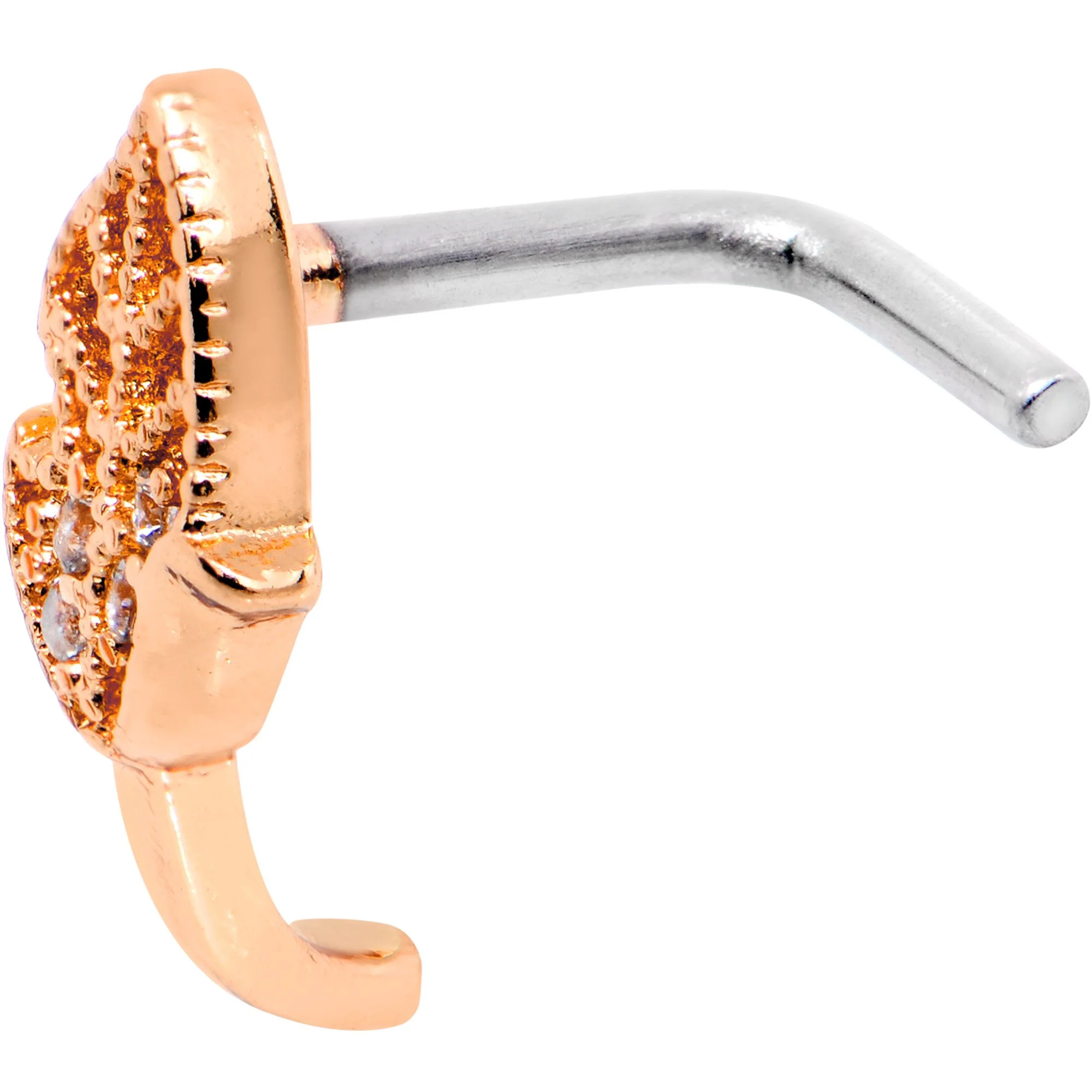 18G Clear CZ Rose Gold Tone Leaf Faux Hoop L Shaped Nose Ring - Image 3