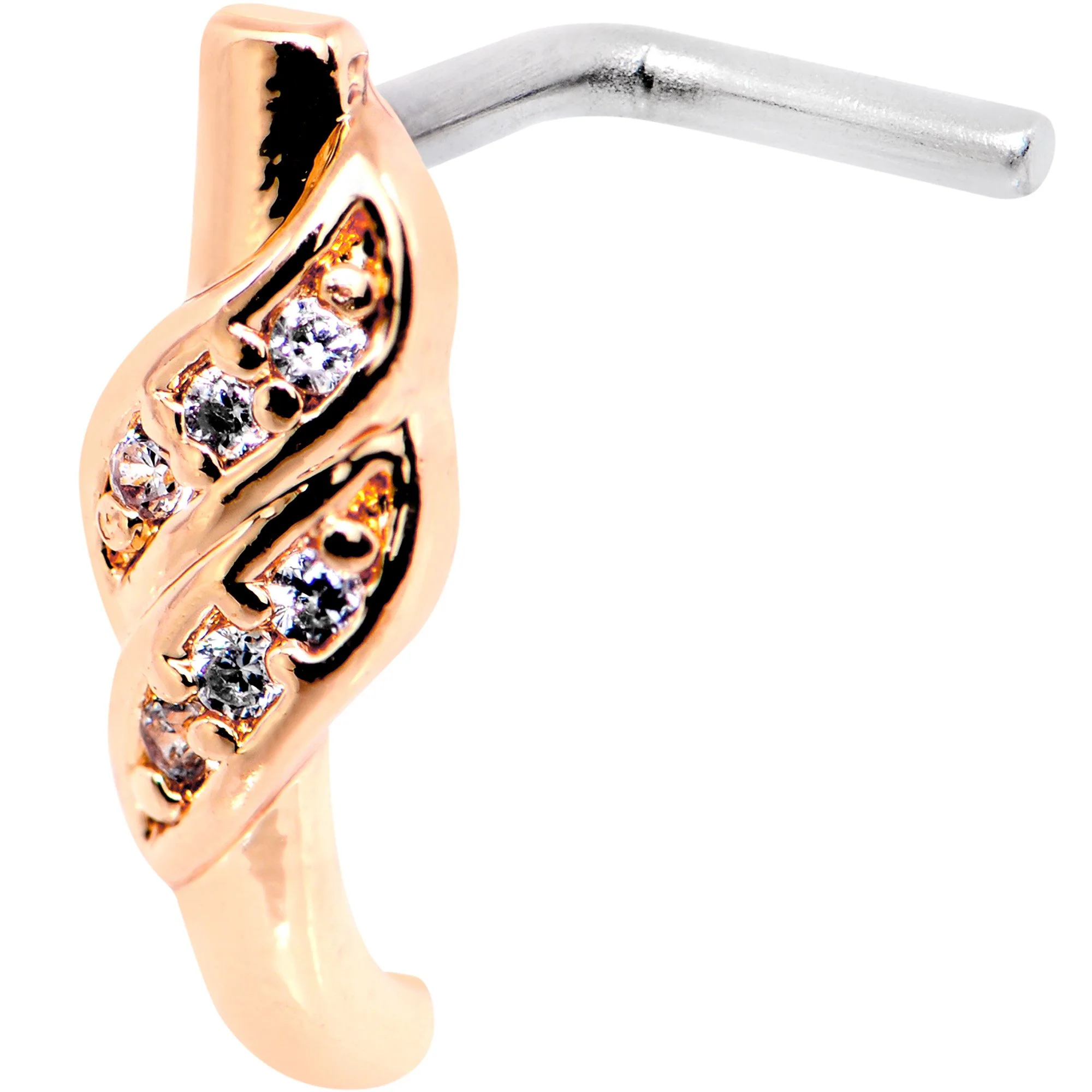 18G Clear CZ Rose Gold Tone Swish Faux Hoop L Shaped Nose Ring - Image 2