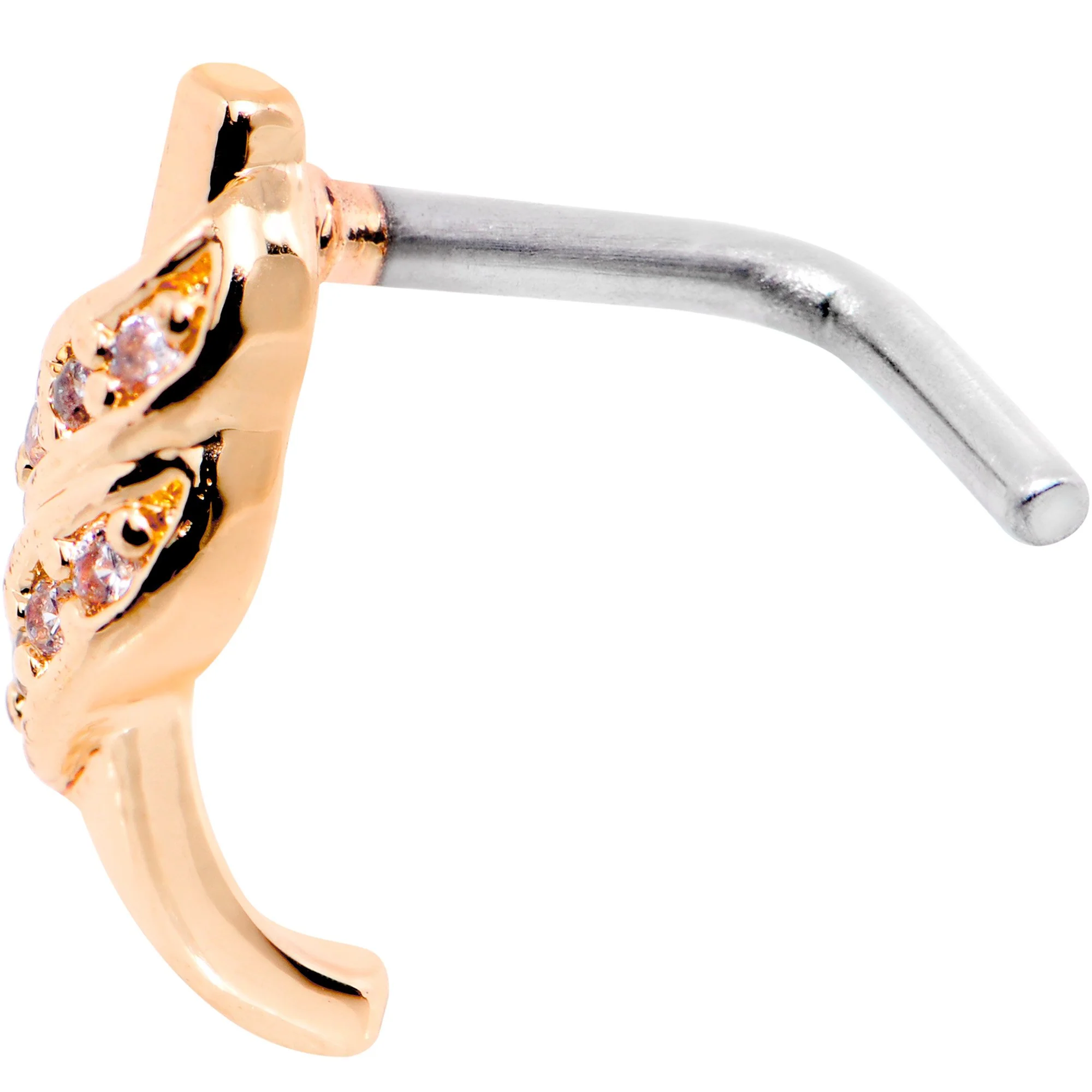18G Clear CZ Rose Gold Tone Swish Faux Hoop L Shaped Nose Ring - Image 3