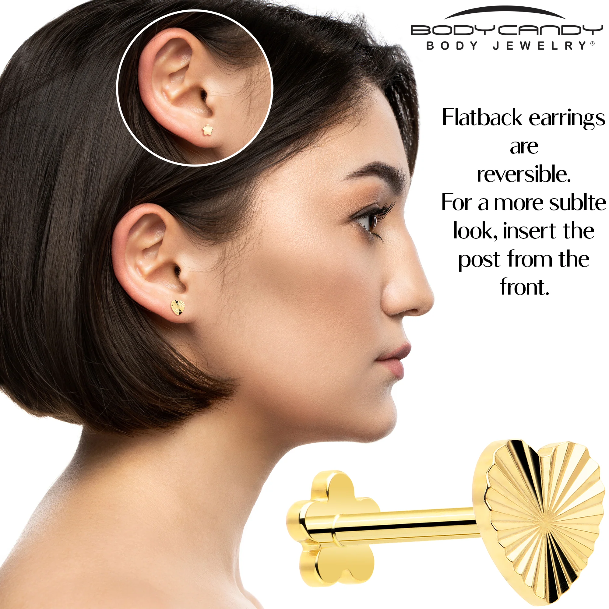 18G Titanium Flat Back Earring Threadless Reversible Heart - Image 6