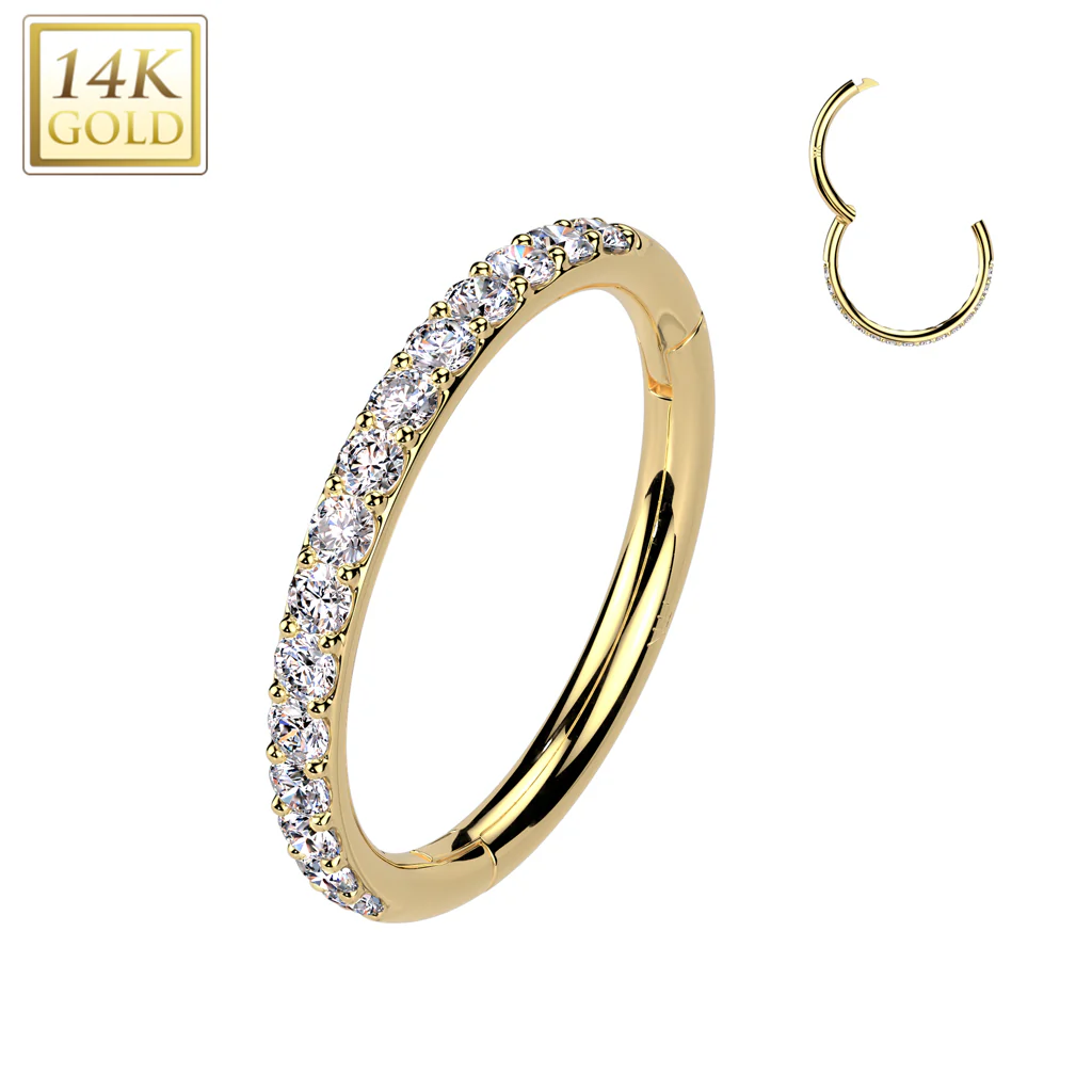 18G 5/16 Clear CZ Gem Solid 14k Gold Outward Facing Hinged Nose Hoop - Image 3