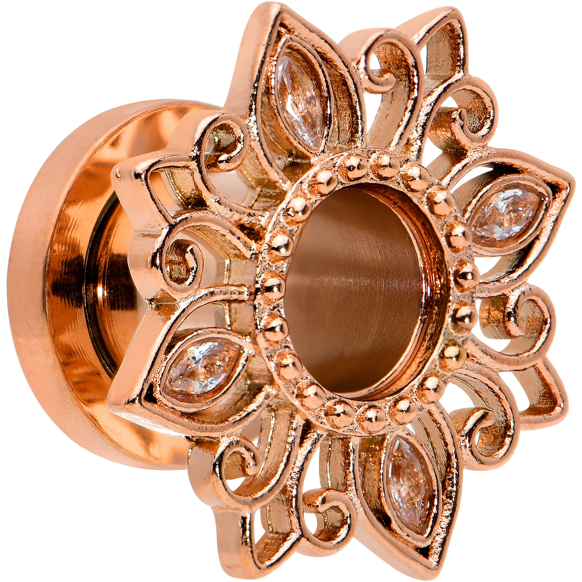2G Brown Gem Rose Gold Tone Floral Screw Fit Tunnel Plug Set - Image 2