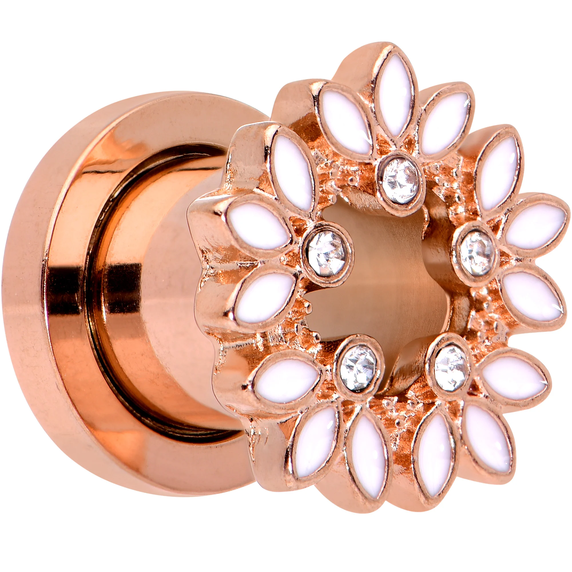 2G Clear Gem Rose Gold Hue White Leaves Screw Fit Tunnel Plug Set - Image 2