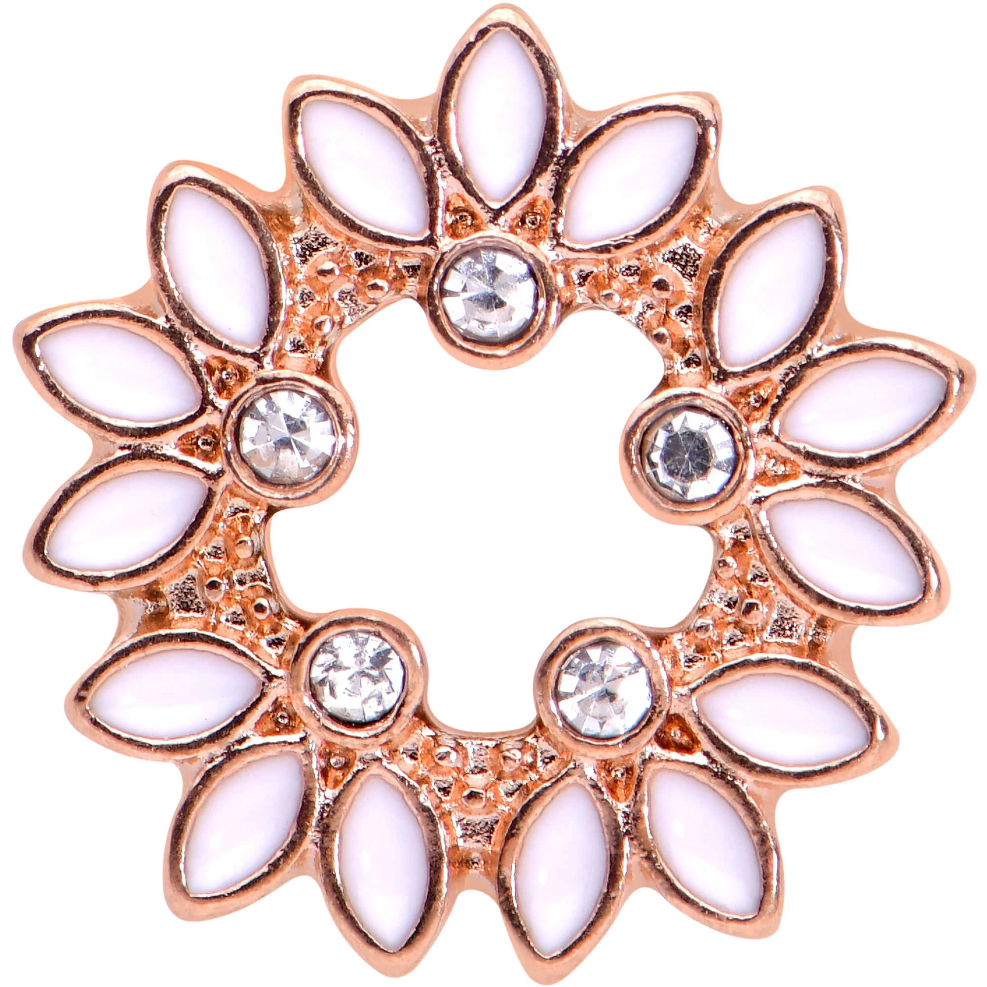 2G Clear Gem Rose Gold Hue White Leaves Screw Fit Tunnel Plug Set - Image 3