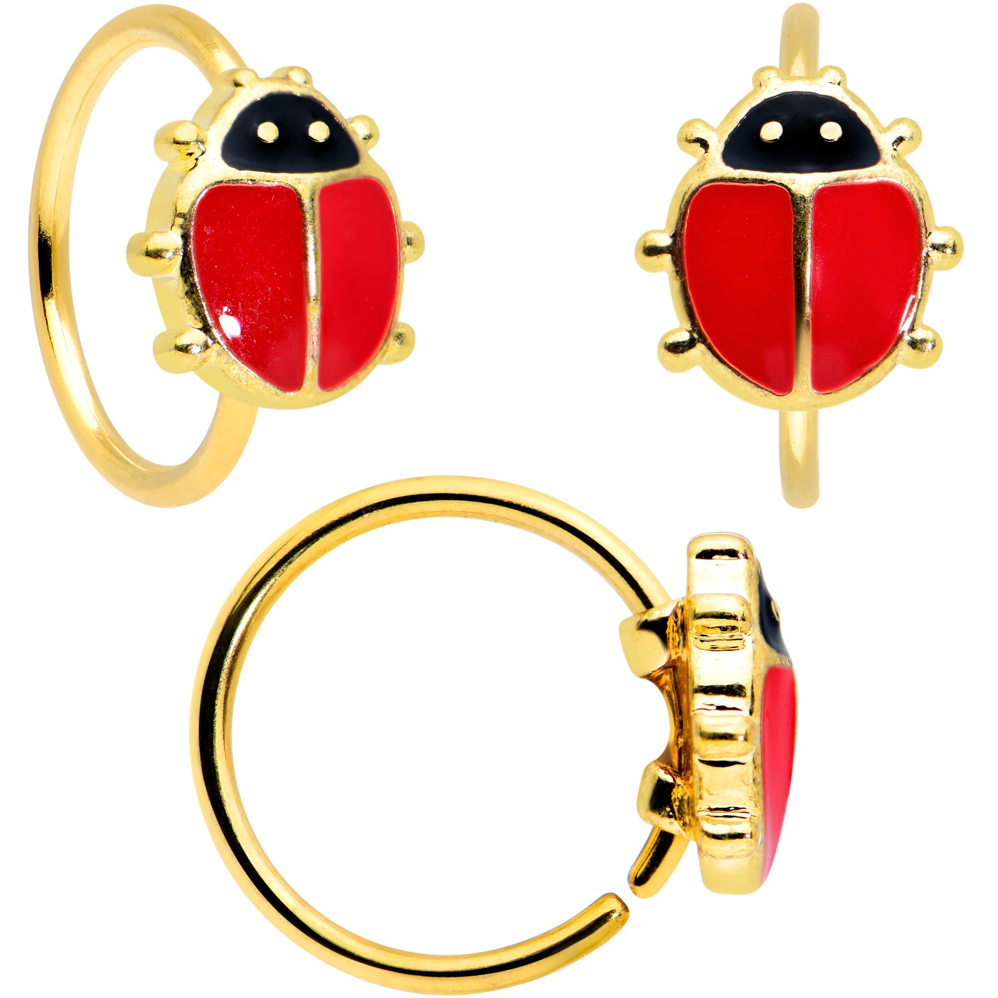 20G 1/4 5/16 Gold Tone Flower Ladybug Nose Hoop Bone Set of 3 - Image 4