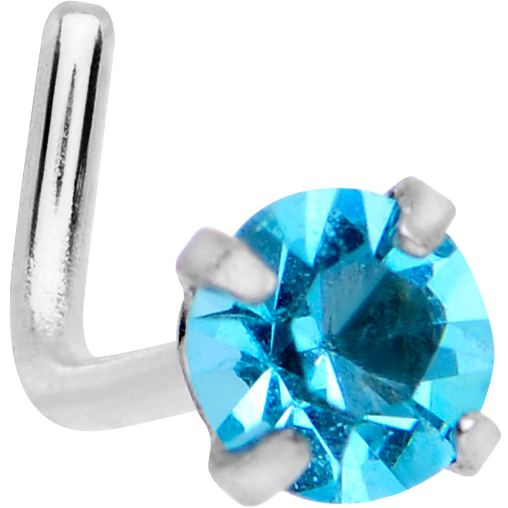 20G 1/4 Aqua 3mm CZ Gem Steel L-Shape Nose Ring - Image 2