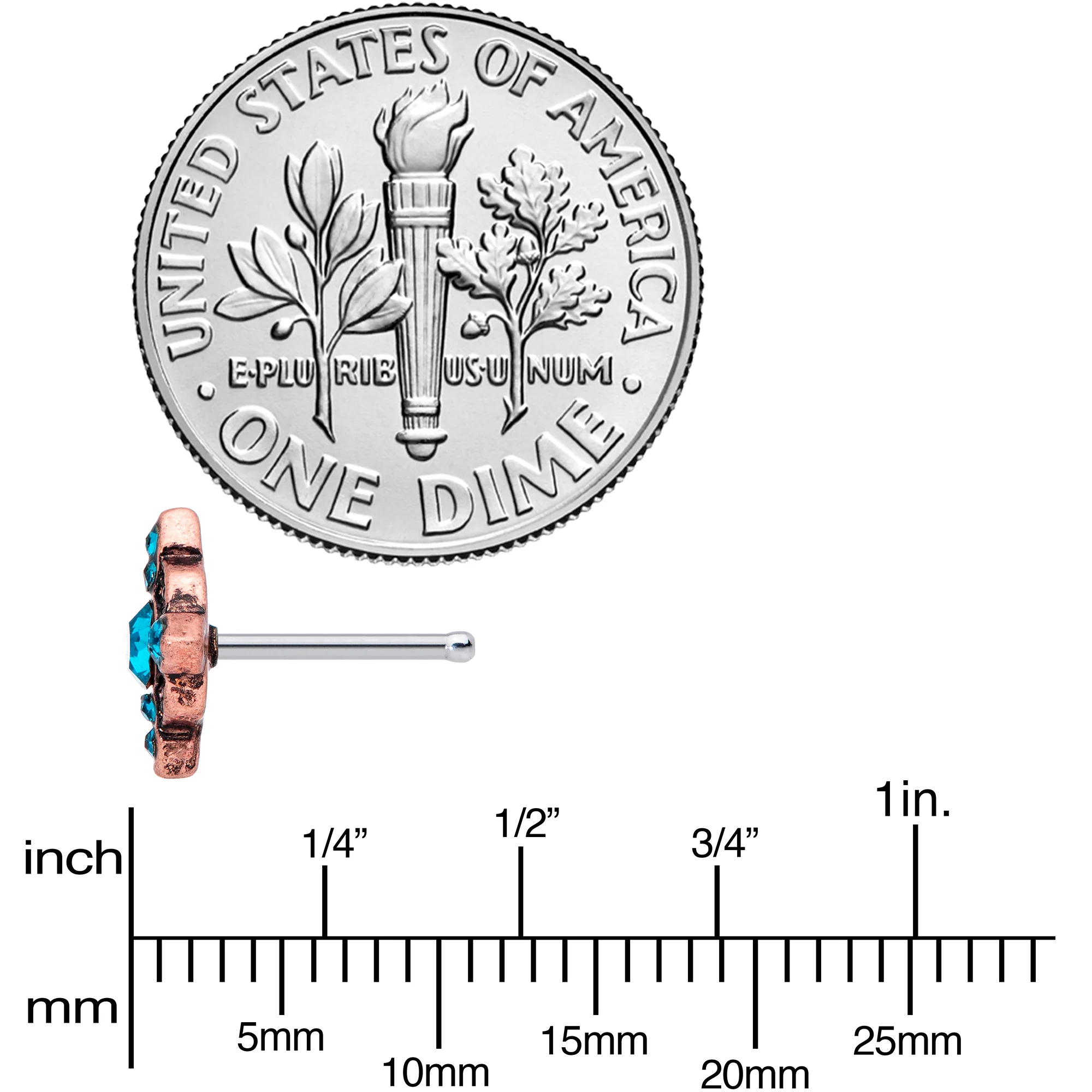 20G 1/4 Aqua Gem Rose Gold Tone Renaissance Nose Bone - Image 4