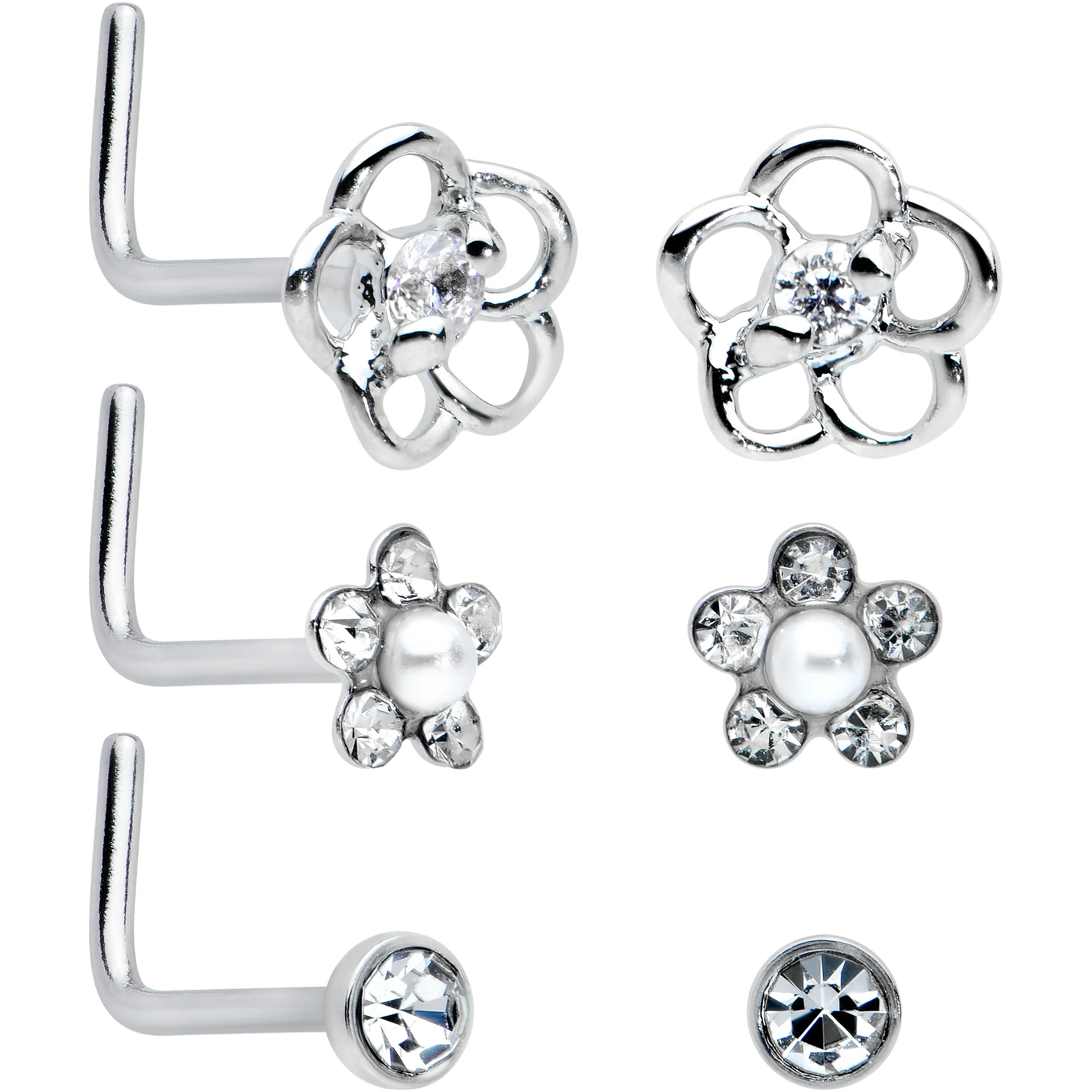 20G 1/4 Aurora Clear CZ Gem Flower L Shape Nose Ring Set of 6 - Image 4