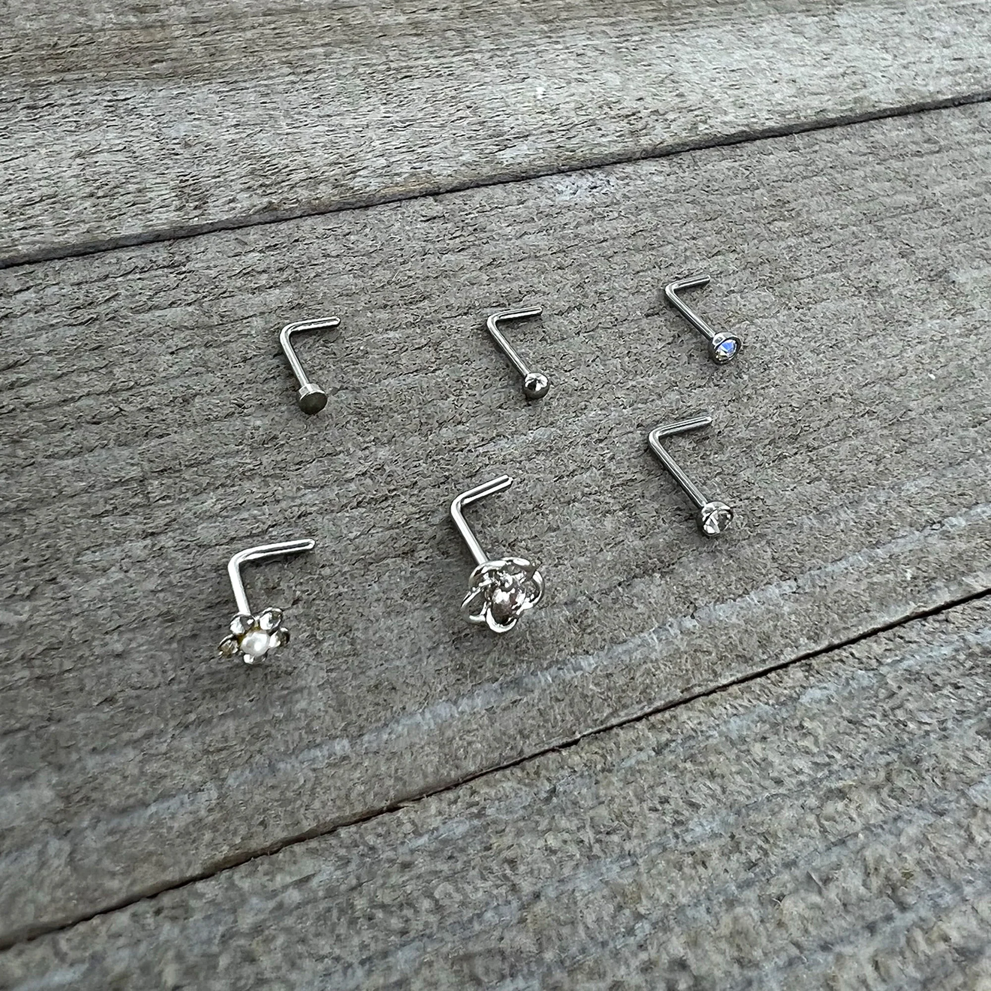 20G 1/4 Aurora Clear CZ Gem Flower L Shape Nose Ring Set of 6 - Image 7