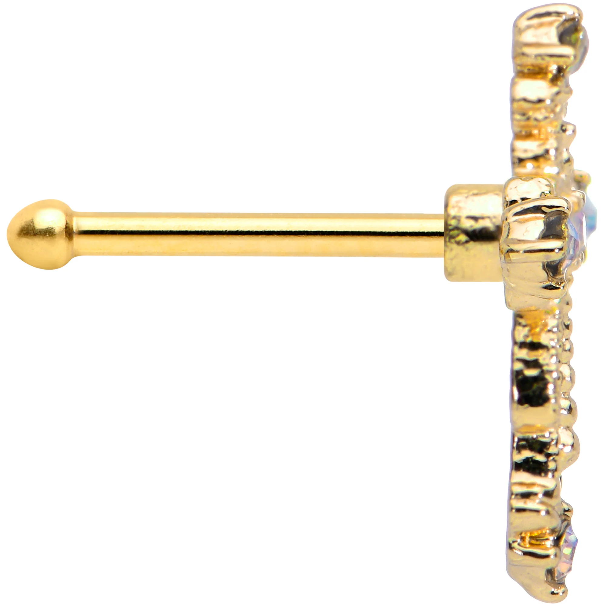 20G 1/4 Aurora CZ Gem Gold Tone Subtle Cross Nose Bone - Image 3