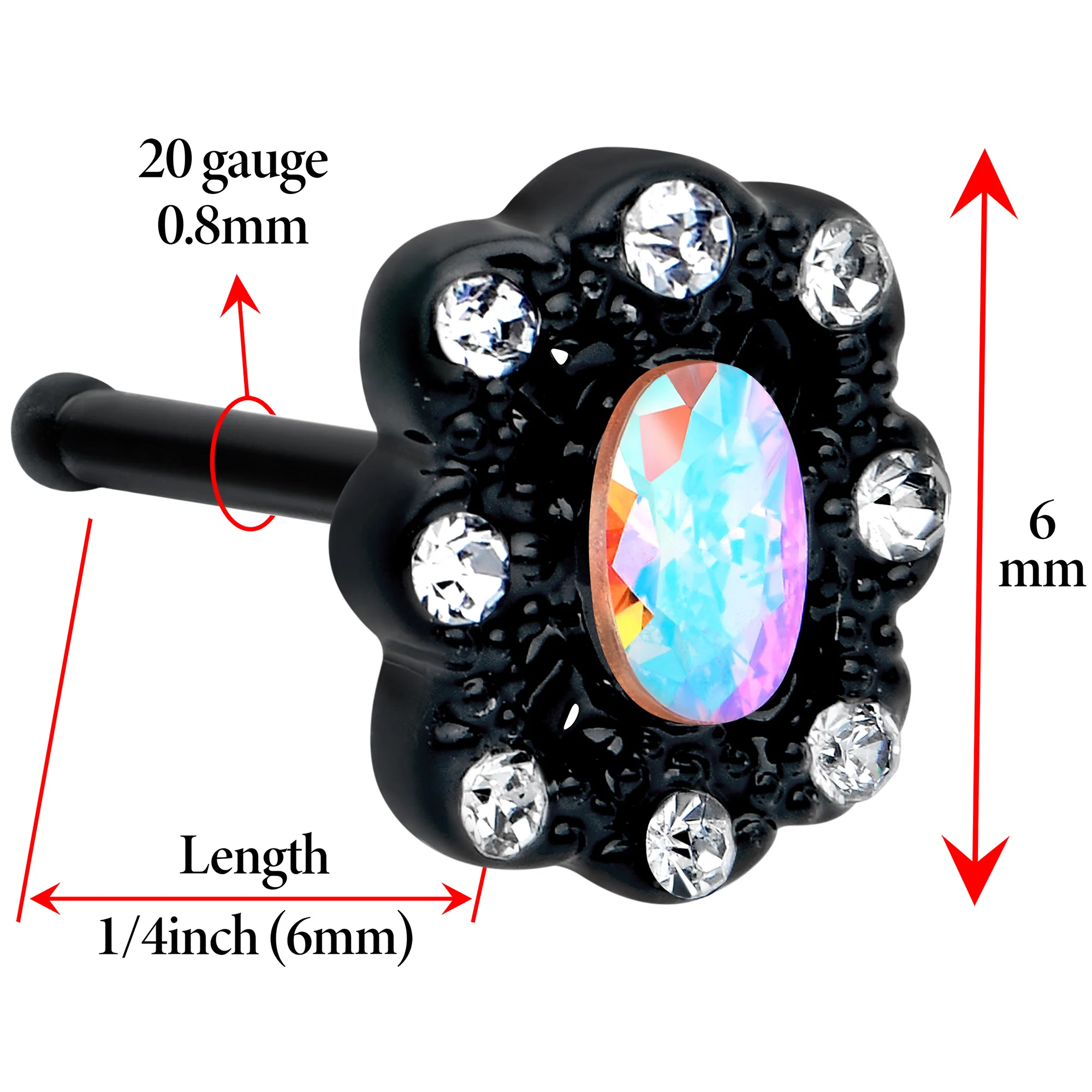 20G 1/4 Aurora Gem Black Filigree Fantasy Nose Bone - Image 2