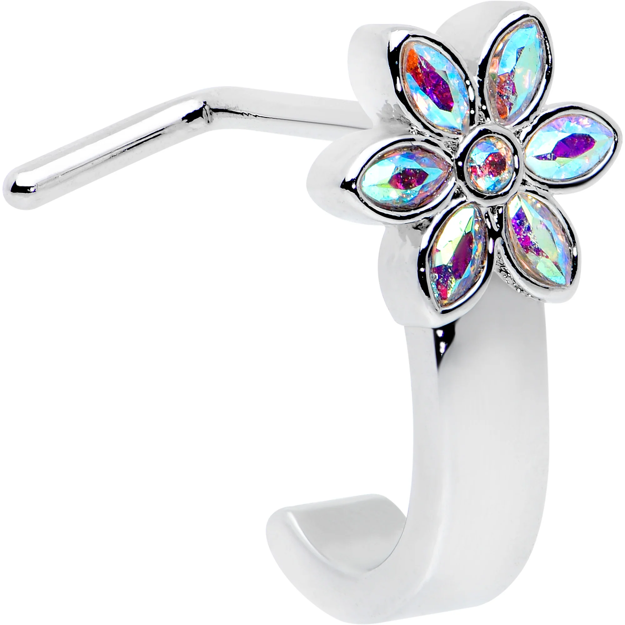 20G 1/4 Aurora Gem Fancy Flower Faux Hoop L Shape Nose Ring