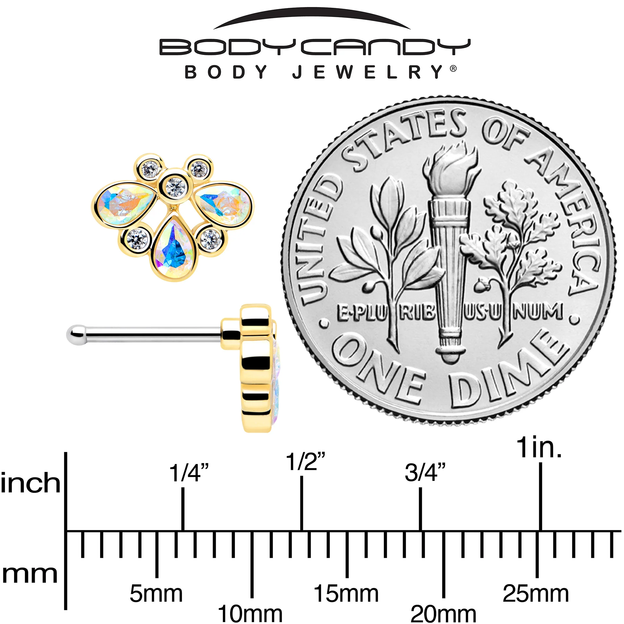 20G 1/4 Aurora Gem Golden Crown Deluxe Nose Bone - Image 5