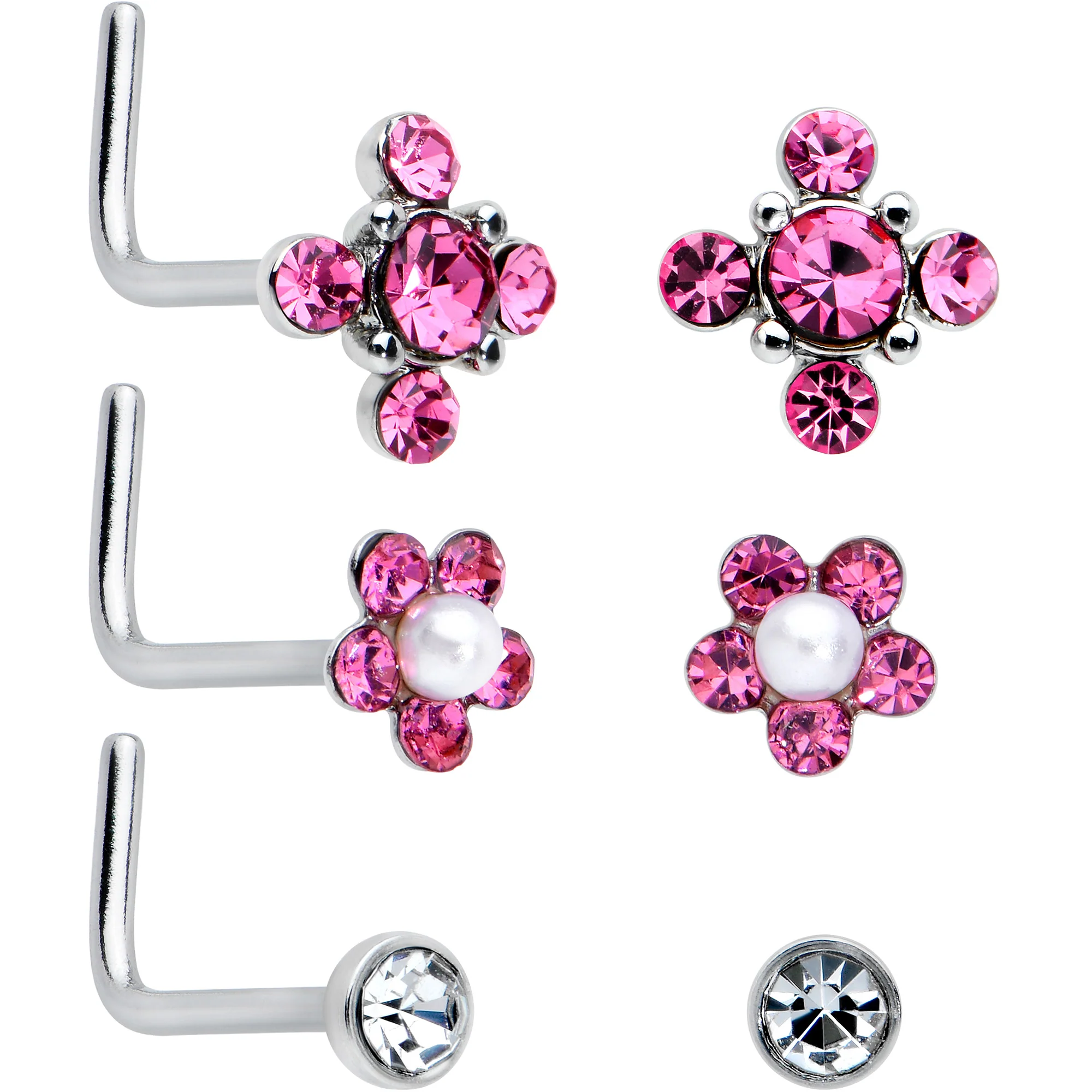 20G 1/4 Aurora Pink CZ Gem Flower L Shape Nose Ring Set of 6 - Image 4