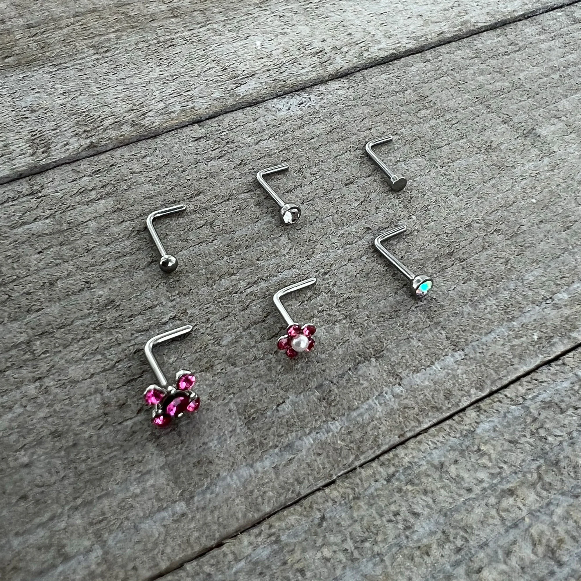 20G 1/4 Aurora Pink CZ Gem Flower L Shape Nose Ring Set of 6 - Image 7