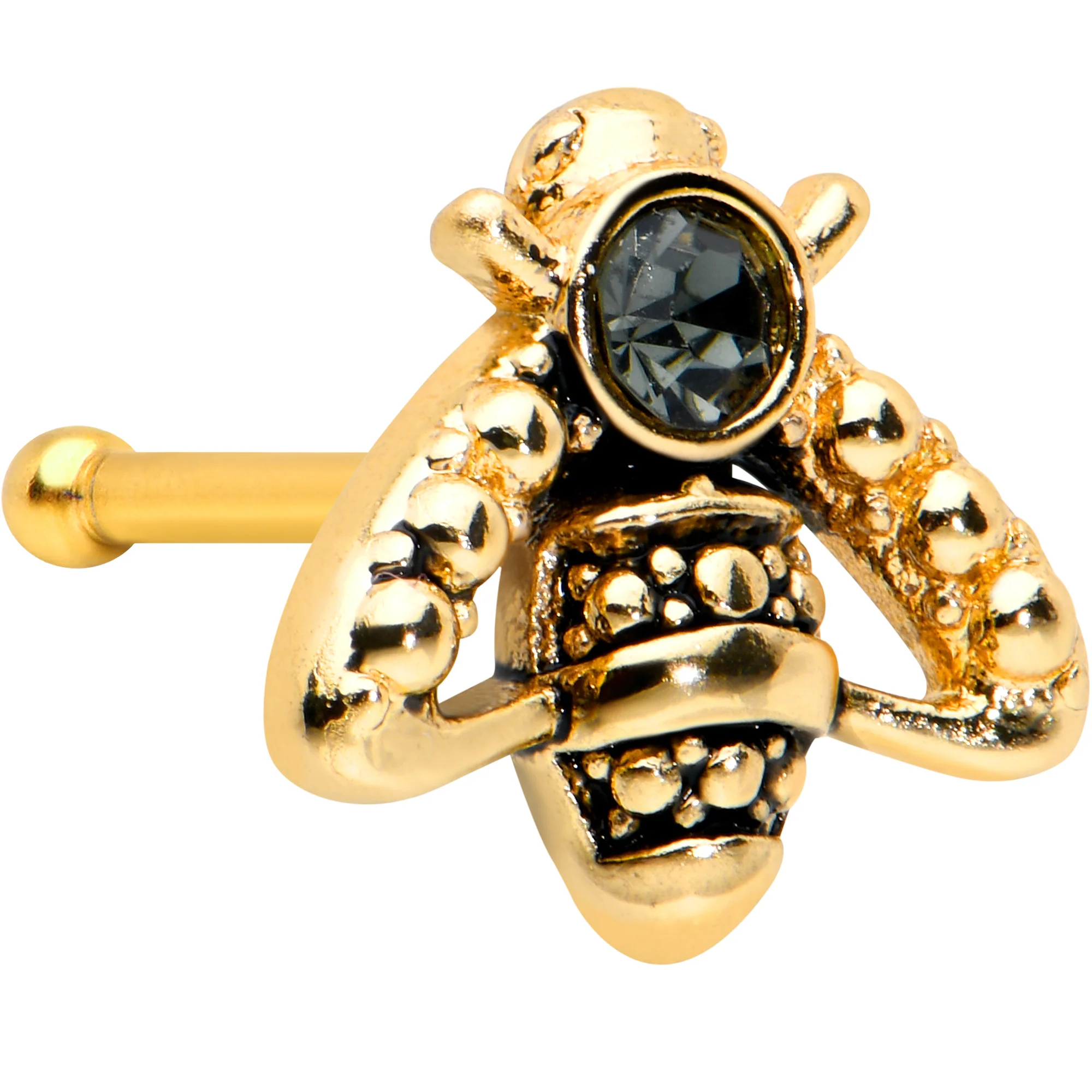 20G 1/4 Black Gem Gold Tone Angular Bee Nose Bone