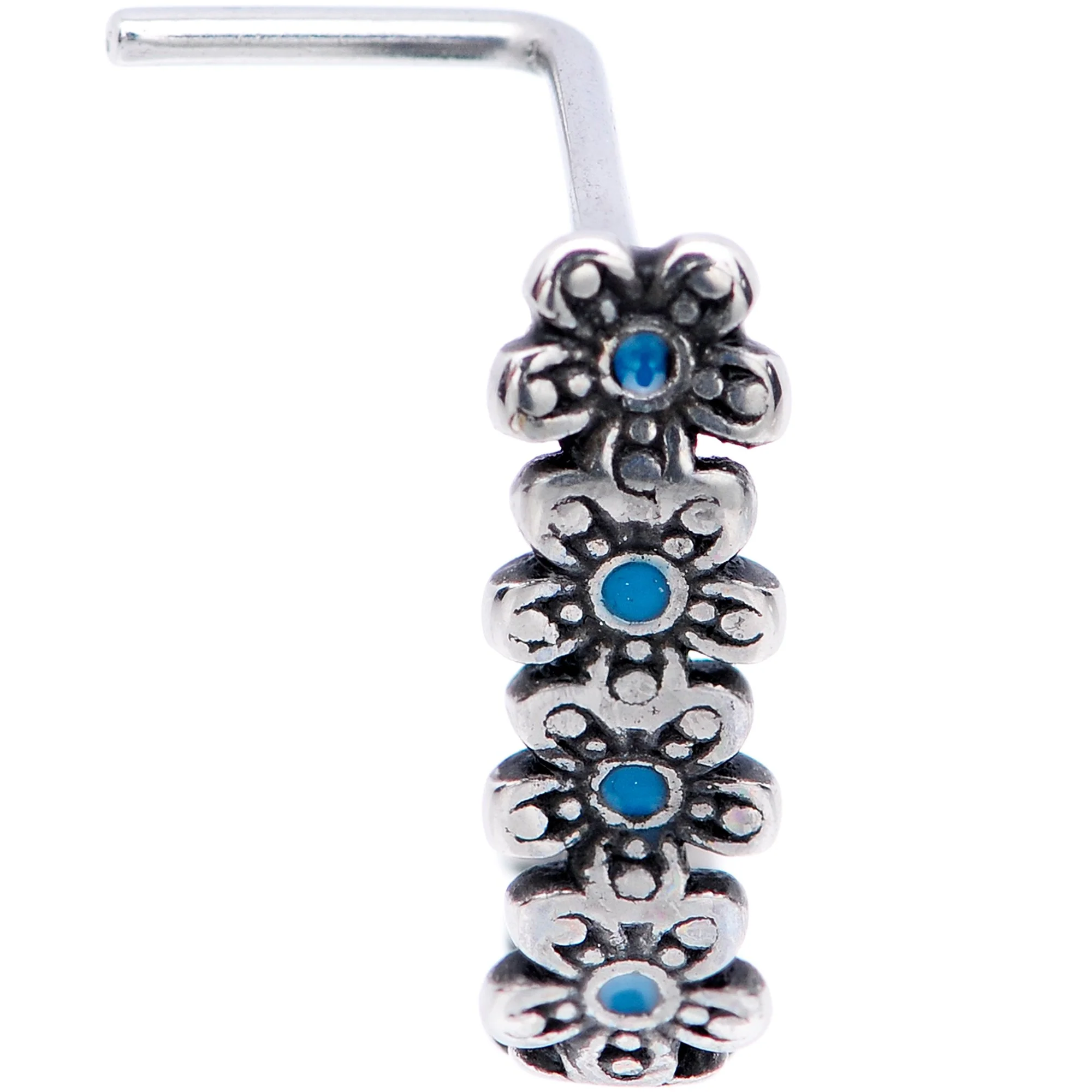 20G Blue Flowers Faux Hoop L Shaped Nose Ring - Image 2
