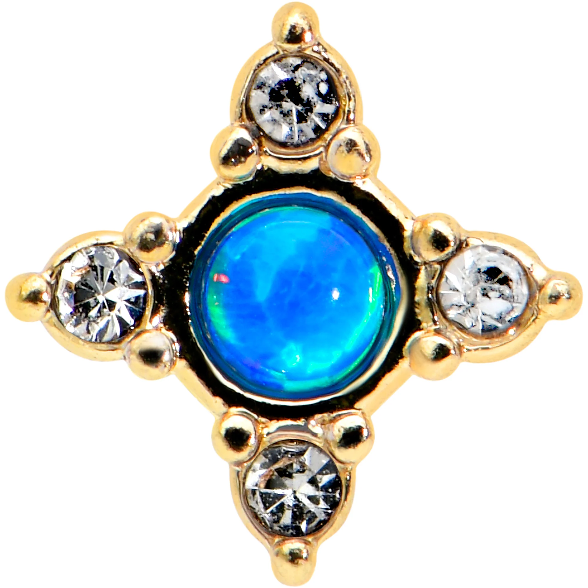 20G 1/4 Blue Synthetic Opal Gold Hue Rhombus L Shape Nose Ring - Image 2