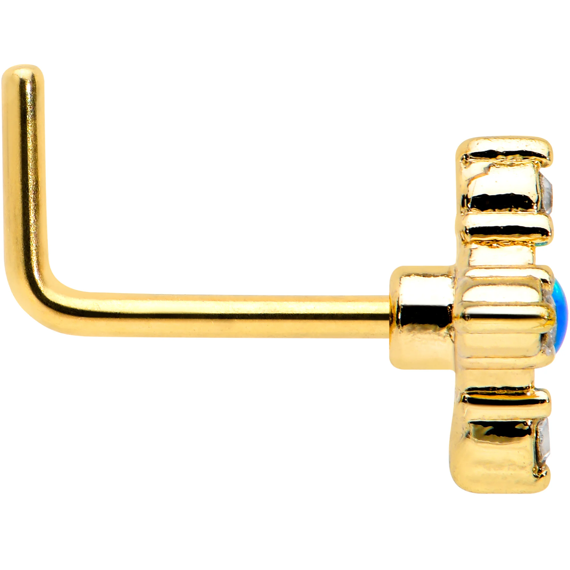 20G 1/4 Blue Synthetic Opal Gold Hue Rhombus L Shape Nose Ring - Image 3