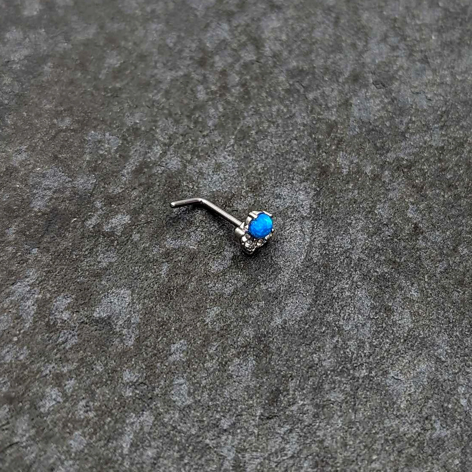 20G 1/4 Blue Synthetic Opal Style Flower L Shape Nose Ring - Image 6
