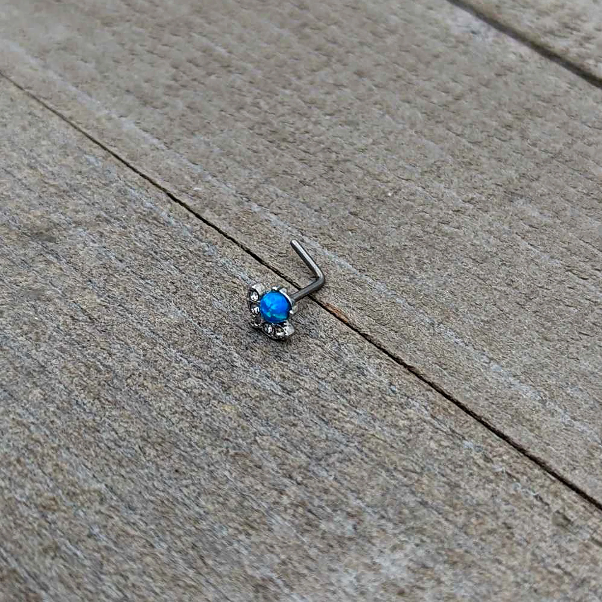20G 1/4 Blue Synthetic Opal Style Flower L Shape Nose Ring - Image 7