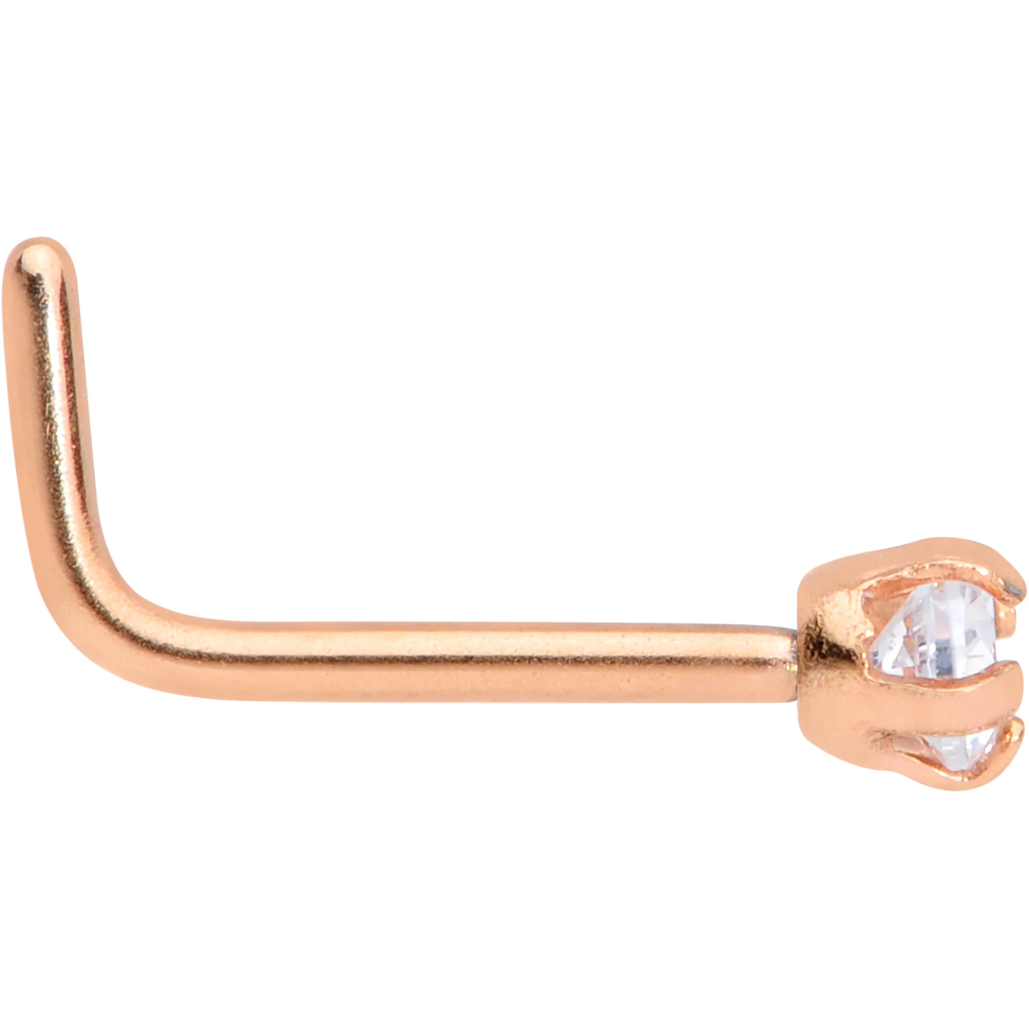 20G 1/4 Clear 2mm CZ Gem Rose Gold Tone L Shaped Nose Ring - Image 2