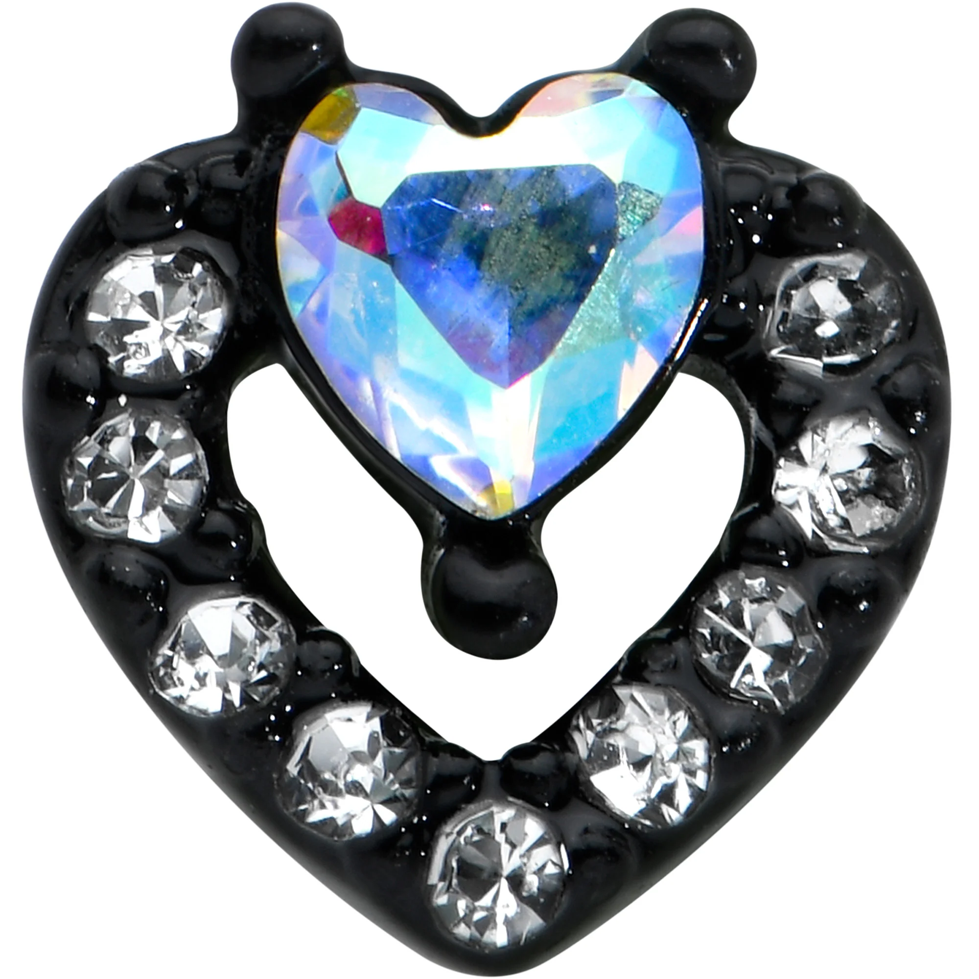 20G 1/4 Clear Aurora Gem Black Heart Valentines Nose Bone - Image 2