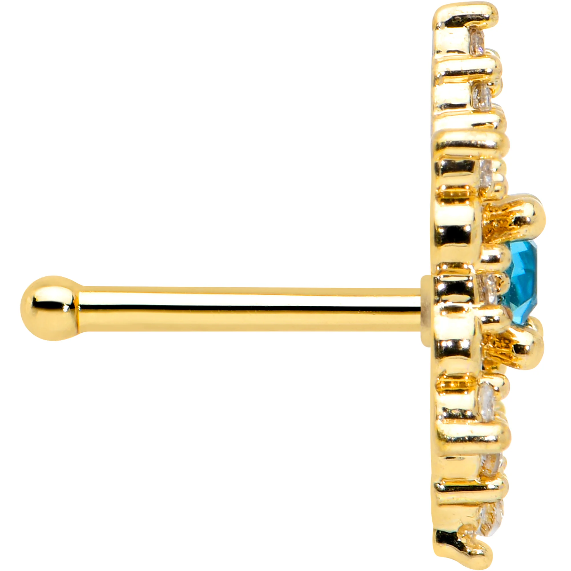 20G 1/4 Clear Blue Gem Gold Tone Royal Heart Nose Bone - Image 3
