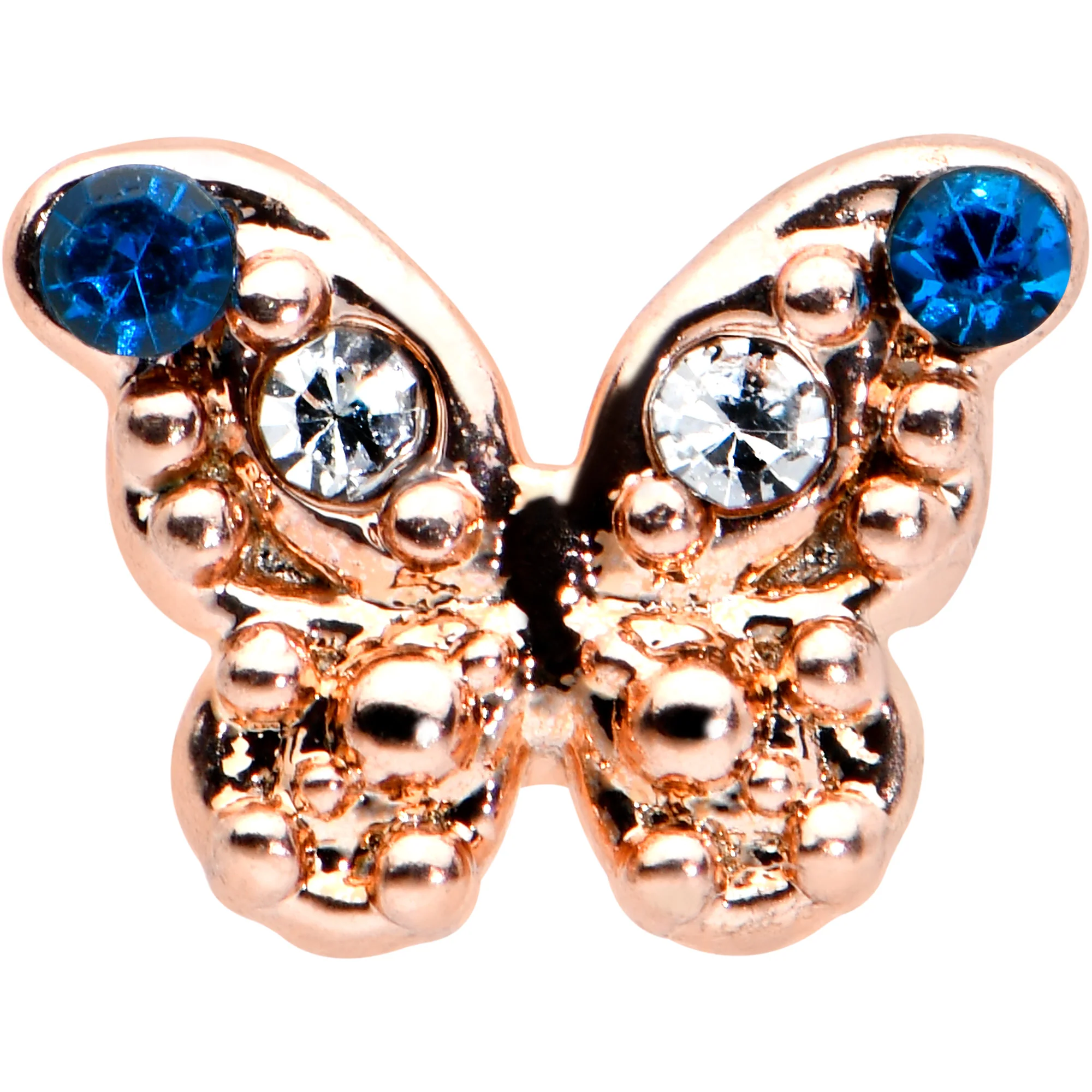 20G 1/4 Clear Blue Gem Rose Gold Tone Butterfly Wing Nose Bone - Image 2