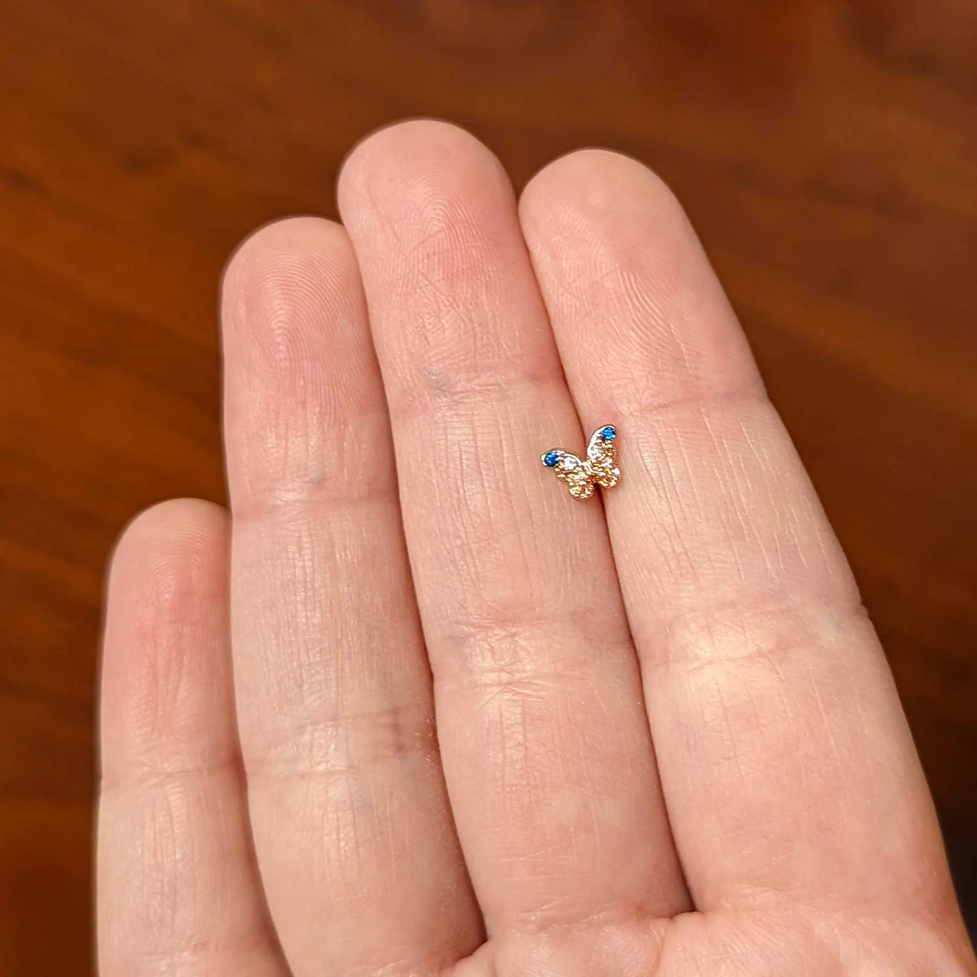 20G 1/4 Clear Blue Gem Rose Gold Tone Butterfly Wing Nose Bone - Image 5
