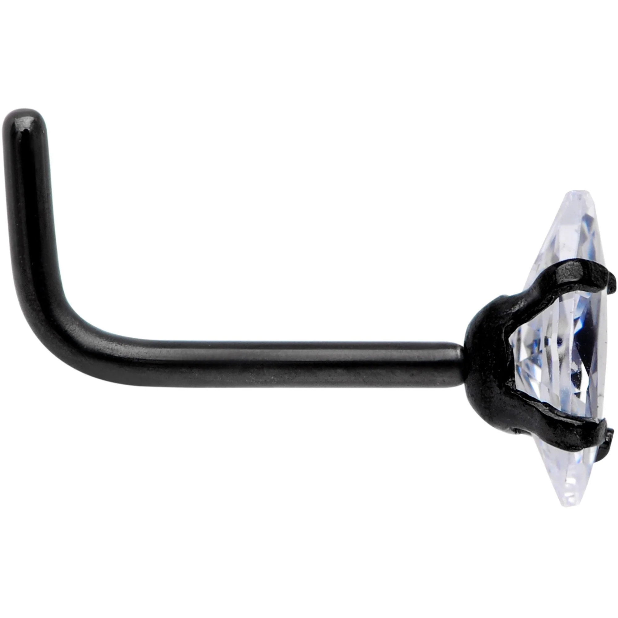 20G 1/4 Clear CZ Gem Black IP Ellipse L Shape Nose Ring - Image 2
