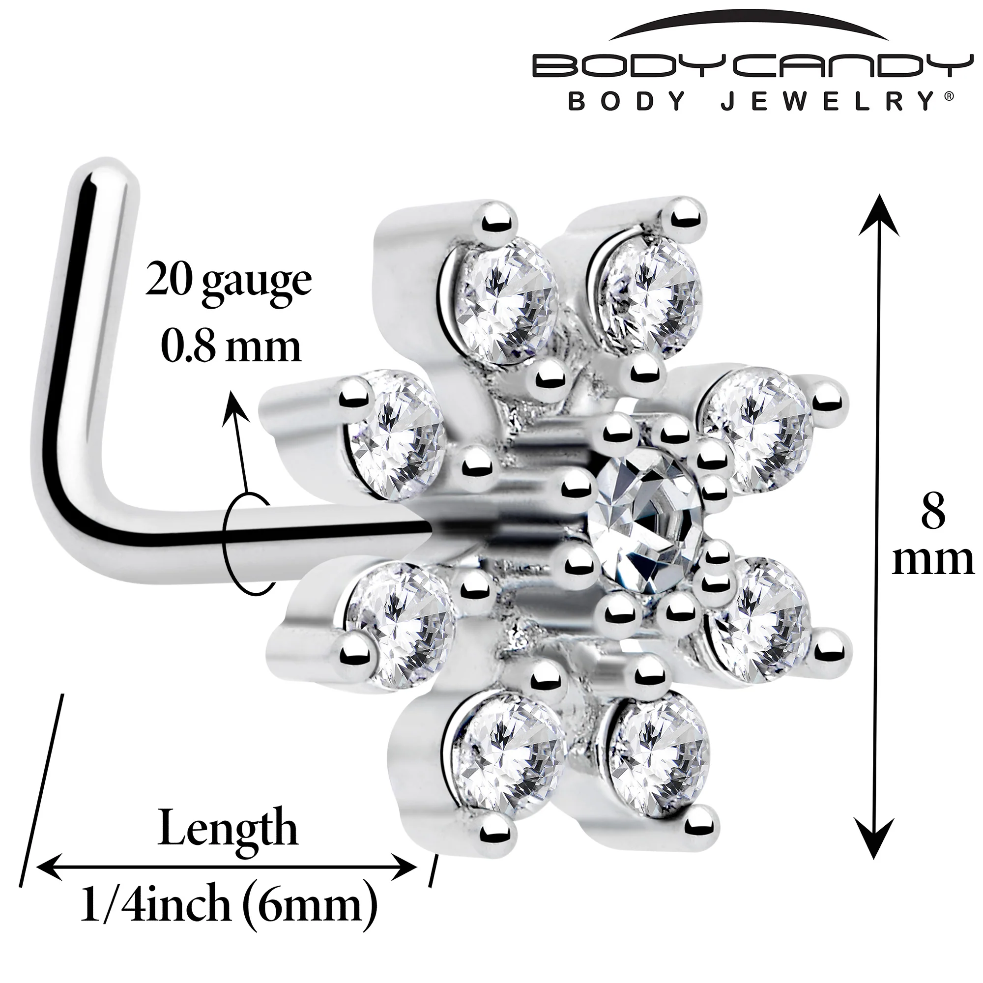 20G 1/4 Clear CZ Gem Flower L Shaped Nose Ring - Image 2