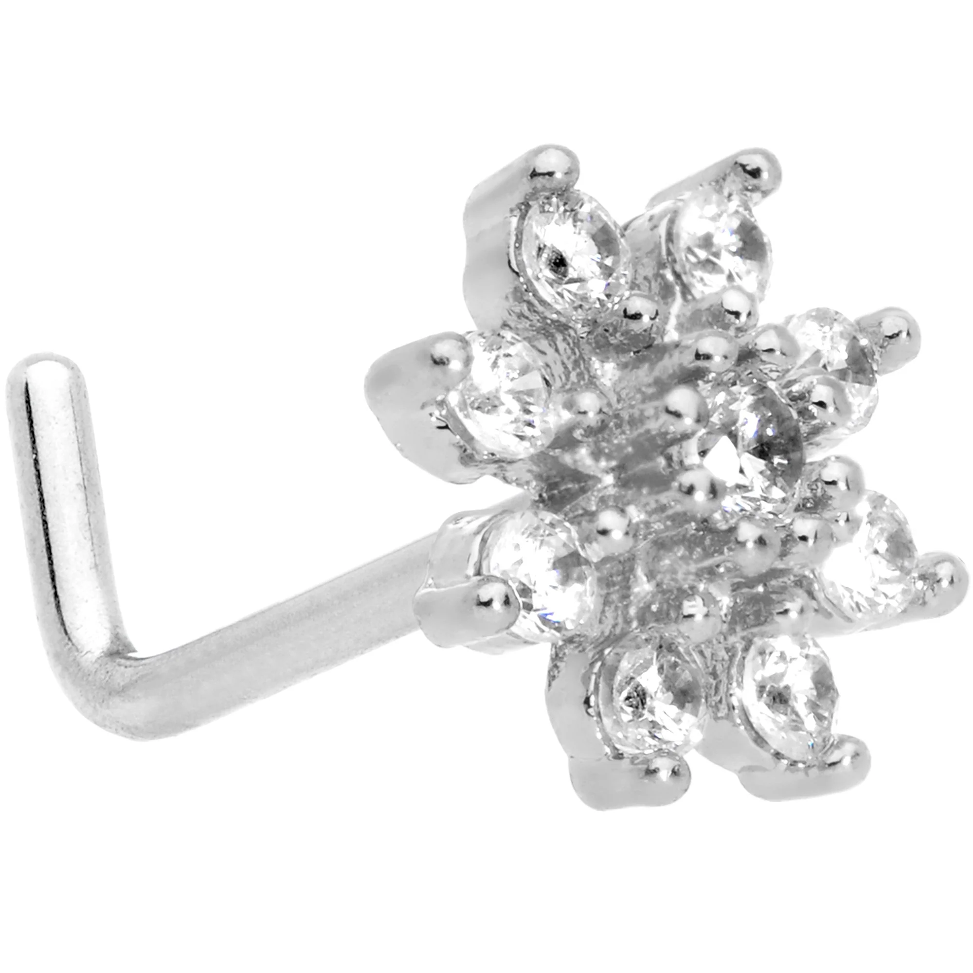 20G 1/4 Clear CZ Gem Flower L Shaped Nose Ring - Image 7