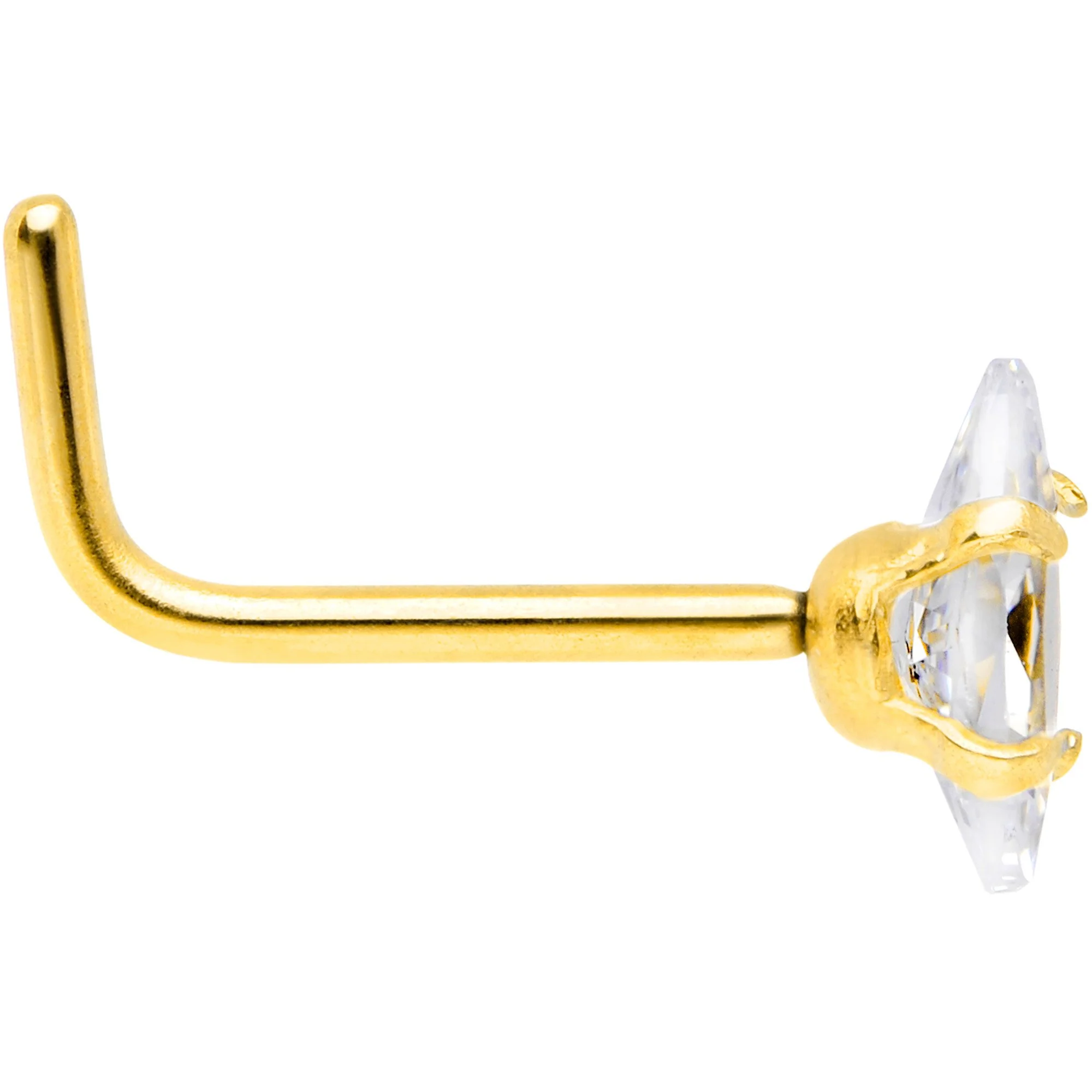 20G 1/4 Clear CZ Gem Gold IP Ellipse L Shape Nose Ring - Image 2